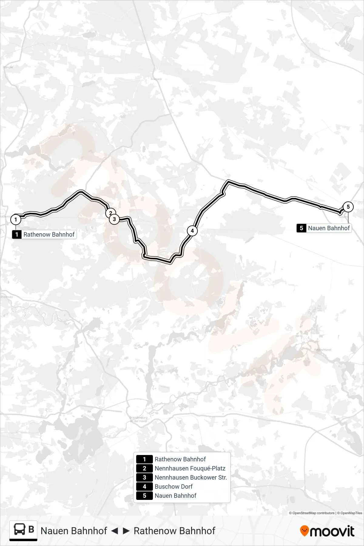 Linie B (Bus) Richtung Nauen Bahnhof: Route und Haltestellen auf der Karte