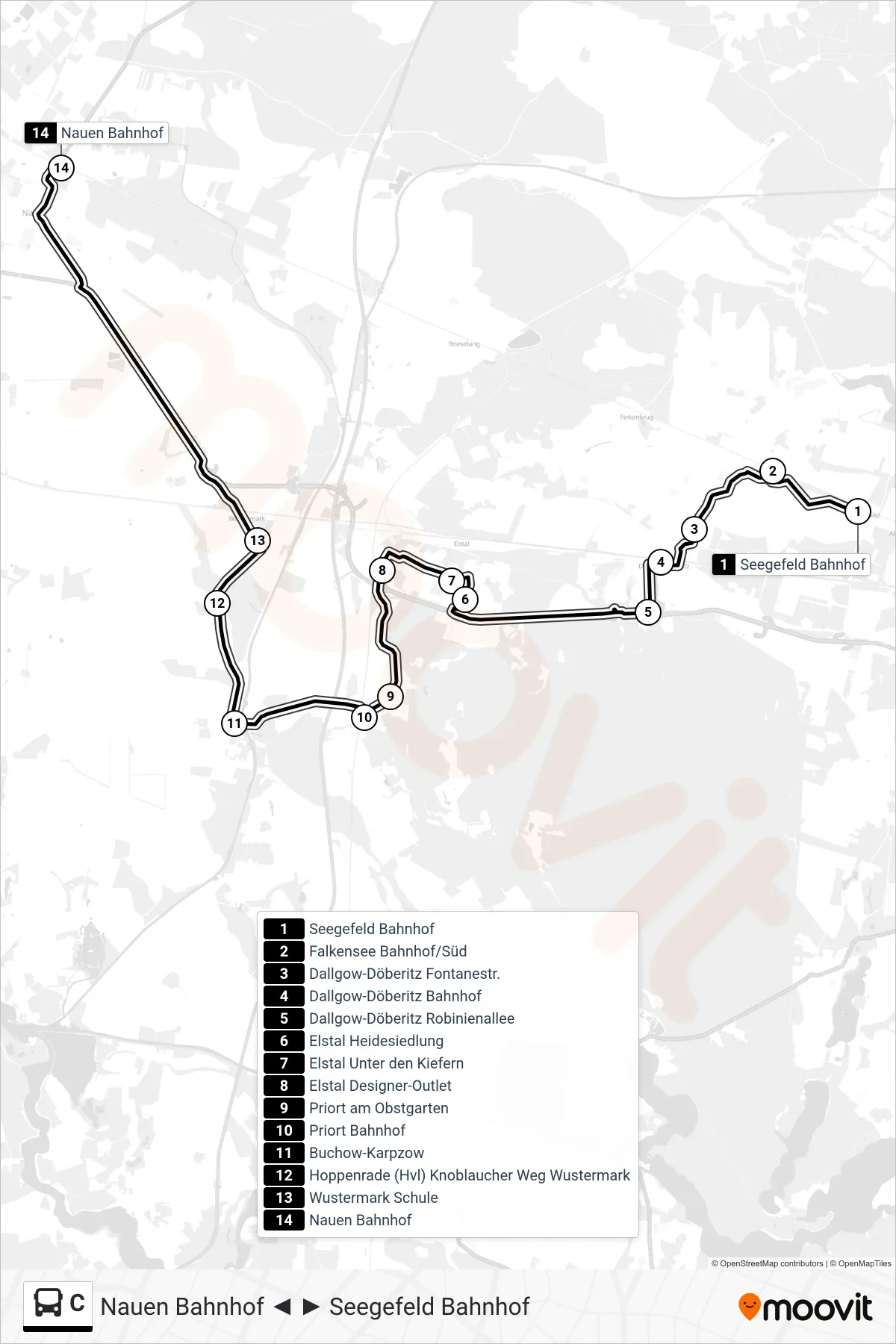 Linie C (Bus) Richtung Nauen Bahnhof: Route und Haltestellen auf der Karte