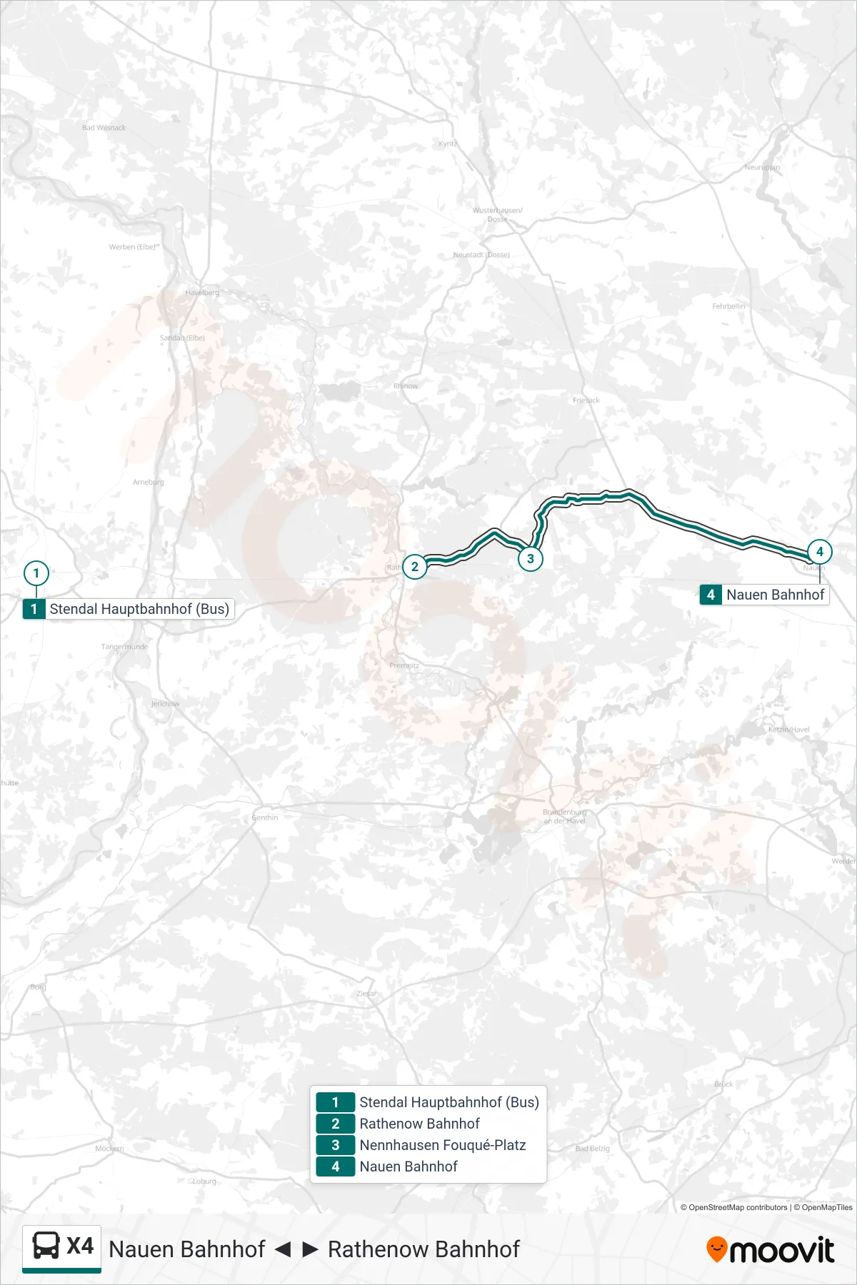 Linie X4 (Bus) Richtung Nauen Bahnhof: Route und Haltestellen auf der Karte
