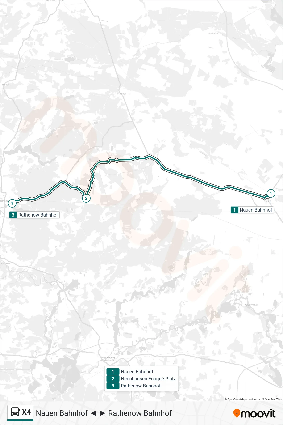 Linie X4 (Bus) Richtung Rathenow Bahnhof: Route und Haltestellen auf der Karte