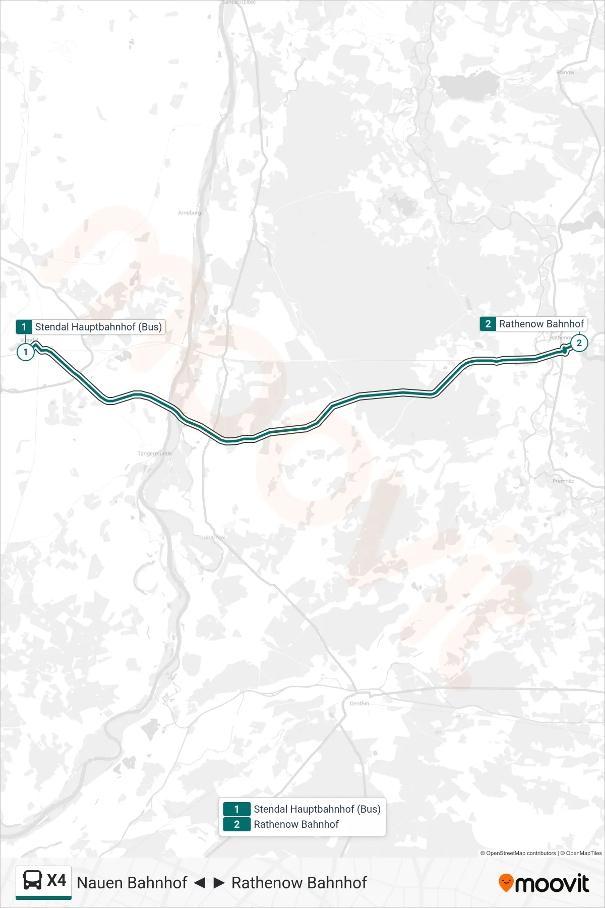 Linie X4 (Bus) Richtung Rathenow Bahnhof: Route und Haltestellen auf der Karte
