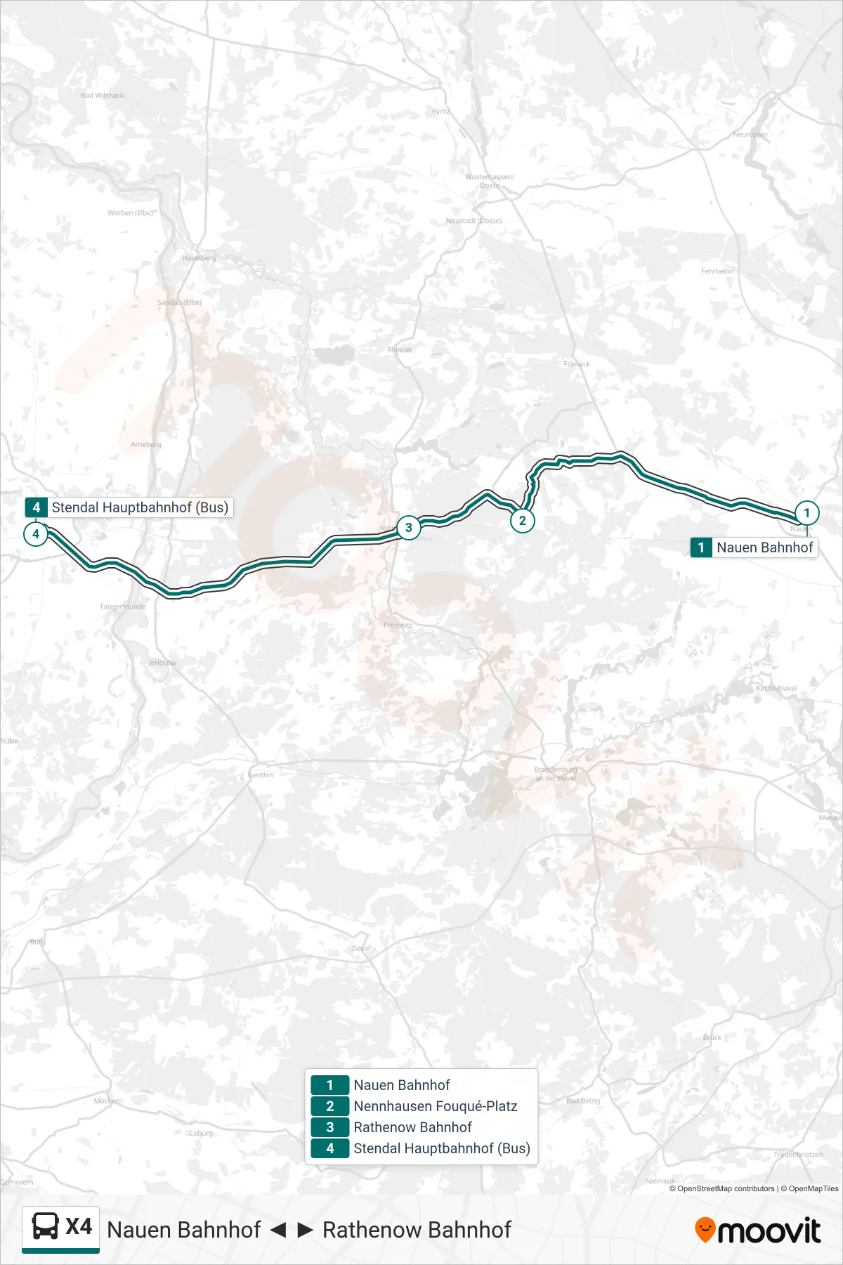 Linie X4 (Bus) Richtung Stendal Hauptbahnhof (Bus): Route und Haltestellen auf der Karte