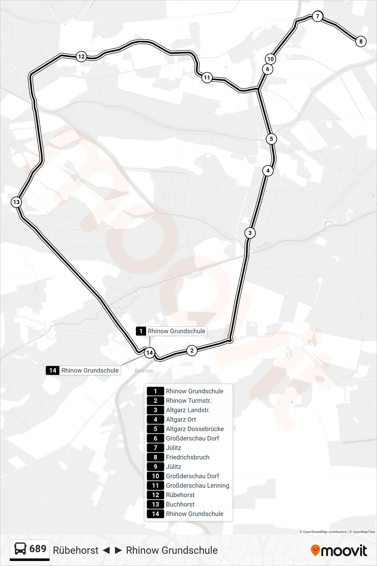 Linie 689 (Bus) Richtung Rhinow Grundschule: Route und Haltestellen auf der Karte