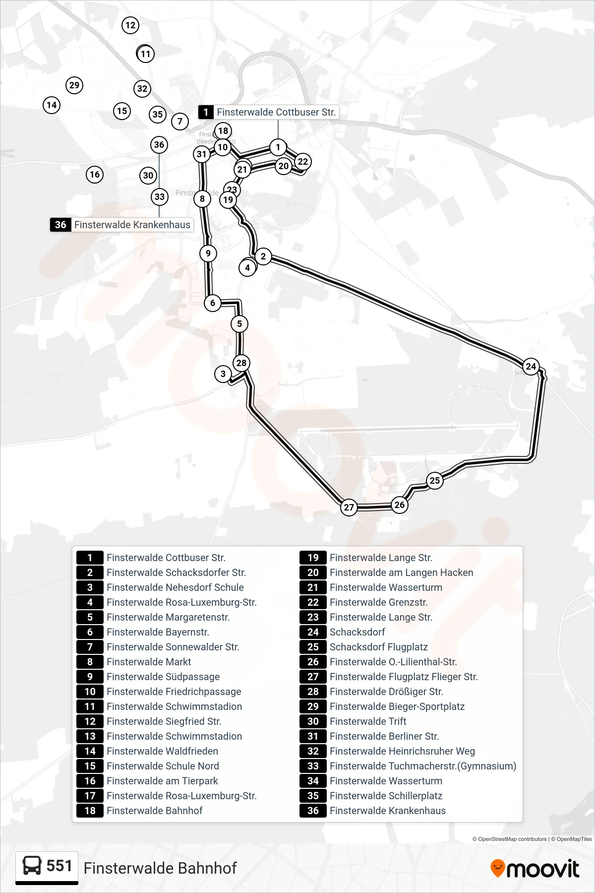 Linie 551 (Bus) Richtung Finsterwalde Bahnhof: Route und Haltestellen auf der Karte