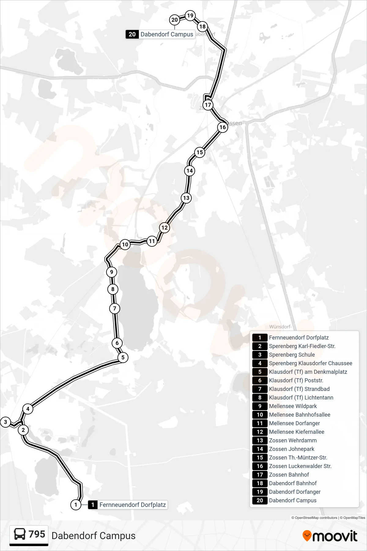 Linie 795 (Bus) Richtung Dabendorf Campus: Route und Haltestellen auf der Karte