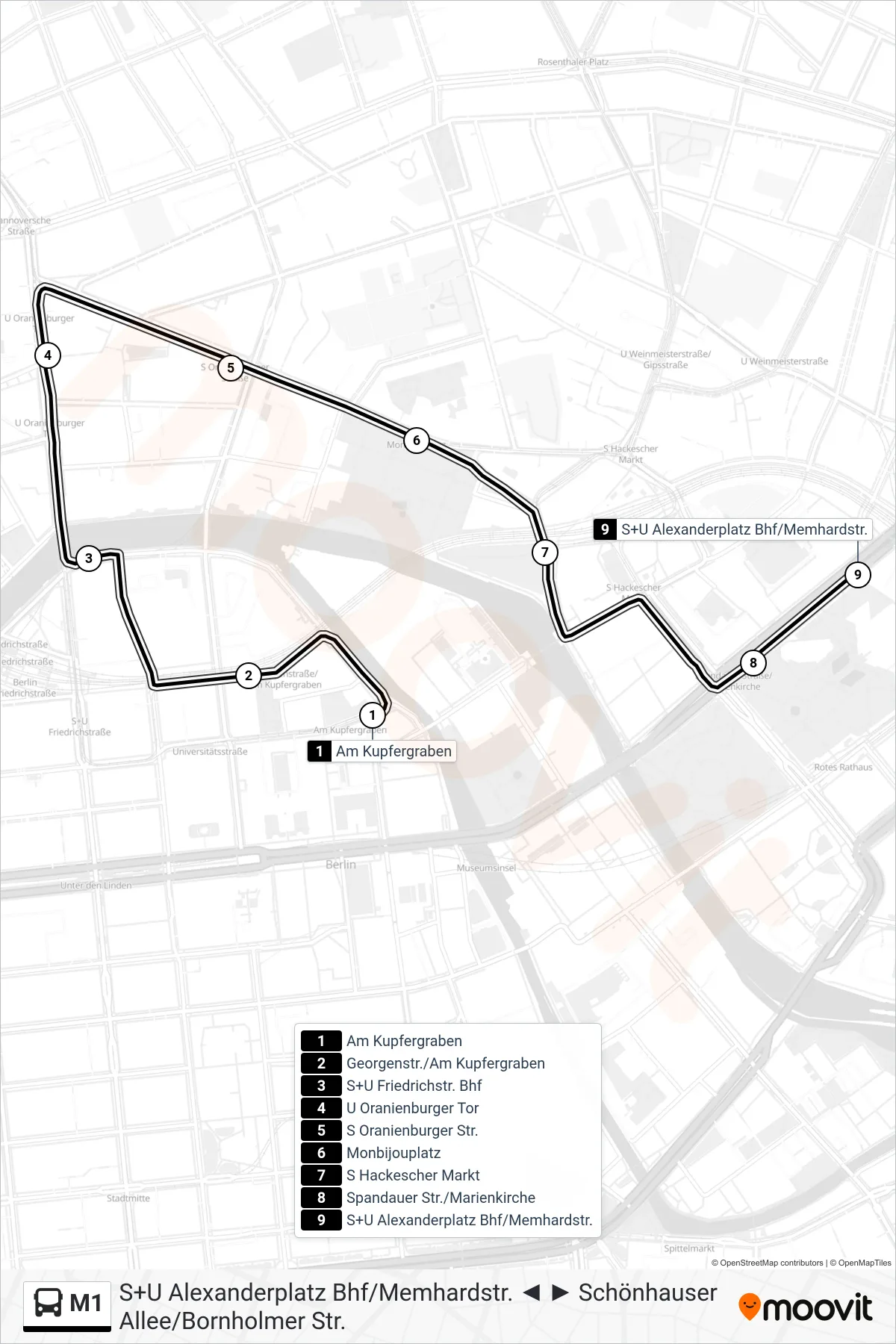 Linie M1 (Bus) Richtung S+U Alexanderplatz Bhf/Memhardstr.: Route und Haltestellen auf der Karte