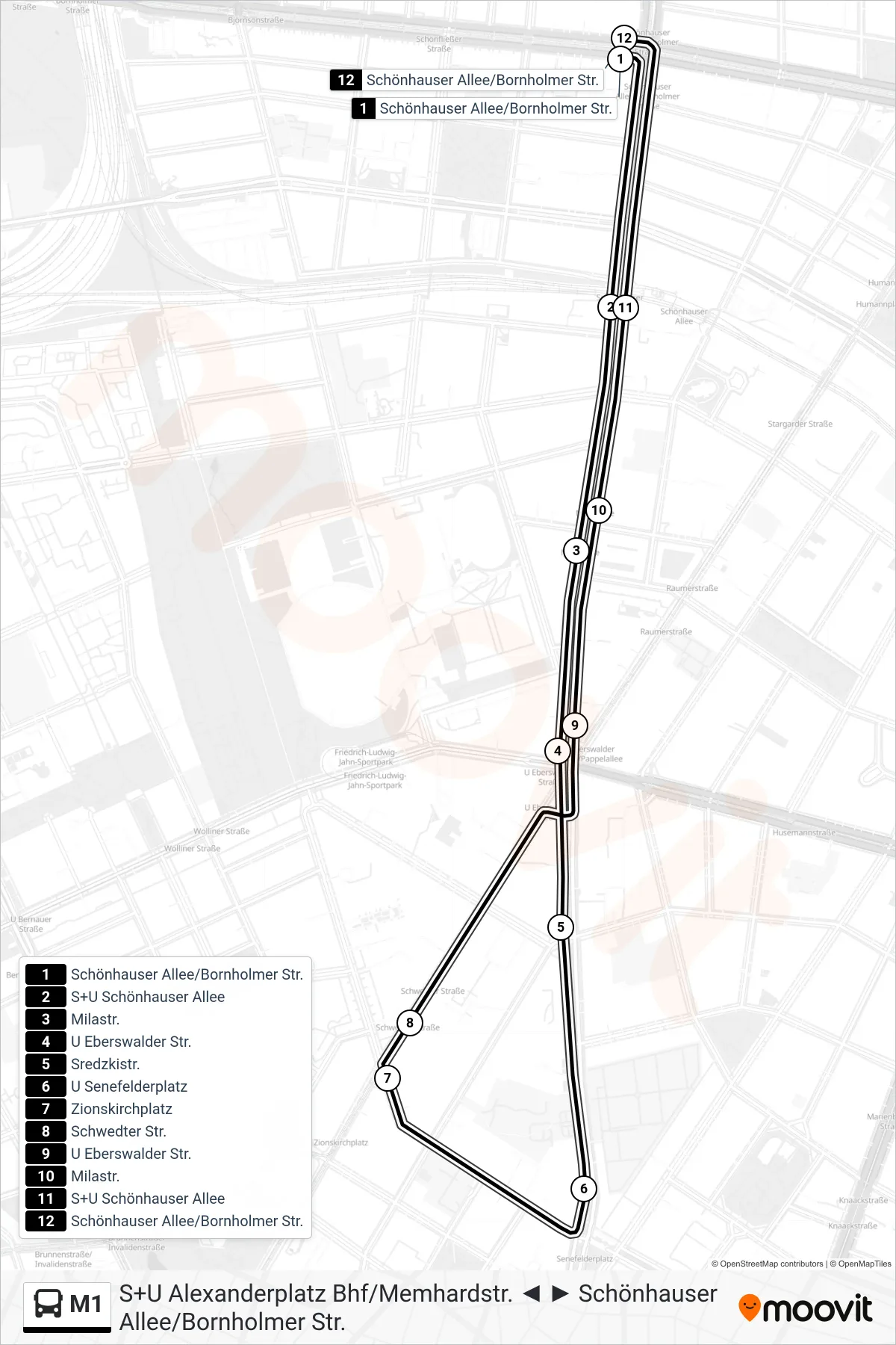 Linie M1 (Bus) Richtung Schönhauser Allee/Bornholmer Str.: Route und Haltestellen auf der Karte
