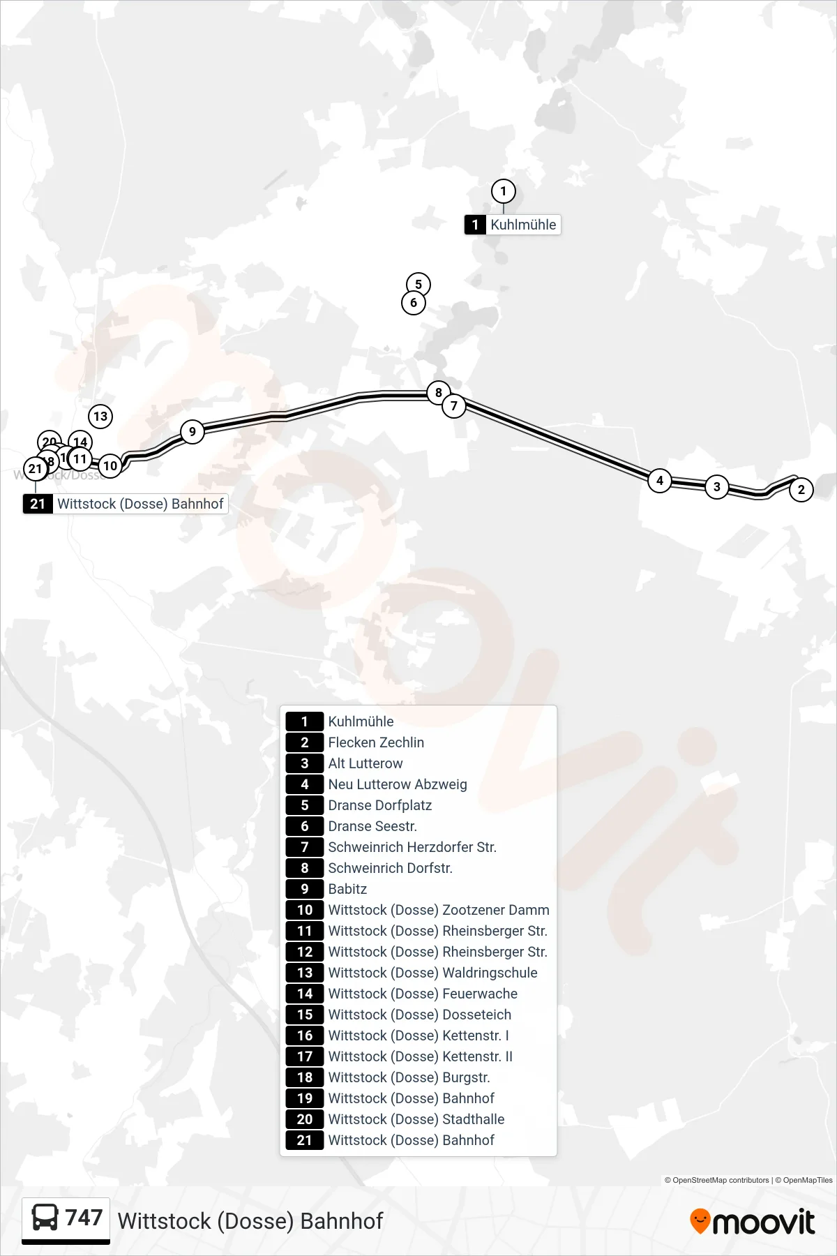 Linie 747 (Bus) Richtung Wittstock (Dosse) Bahnhof: Route und Haltestellen auf der Karte