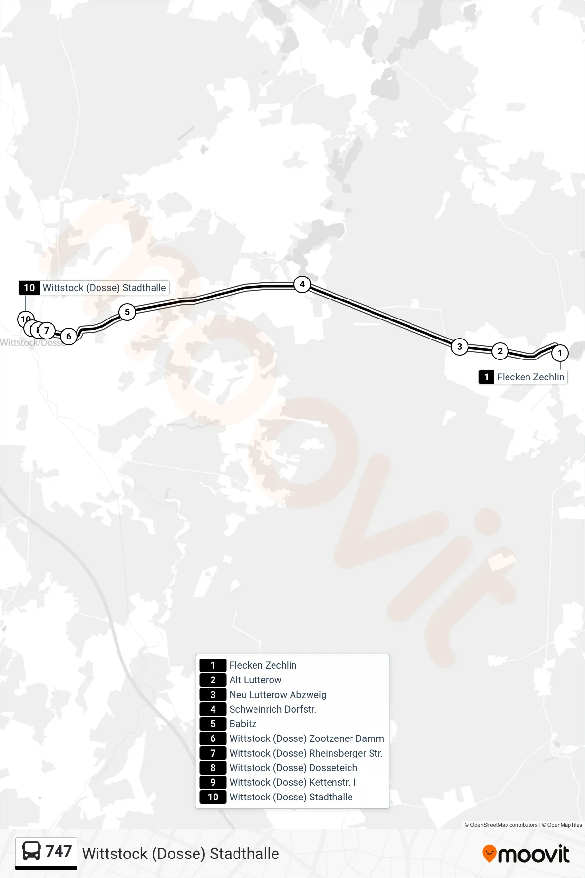 Linie 747 (Bus) Richtung Wittstock (Dosse) Stadthalle: Route und Haltestellen auf der Karte