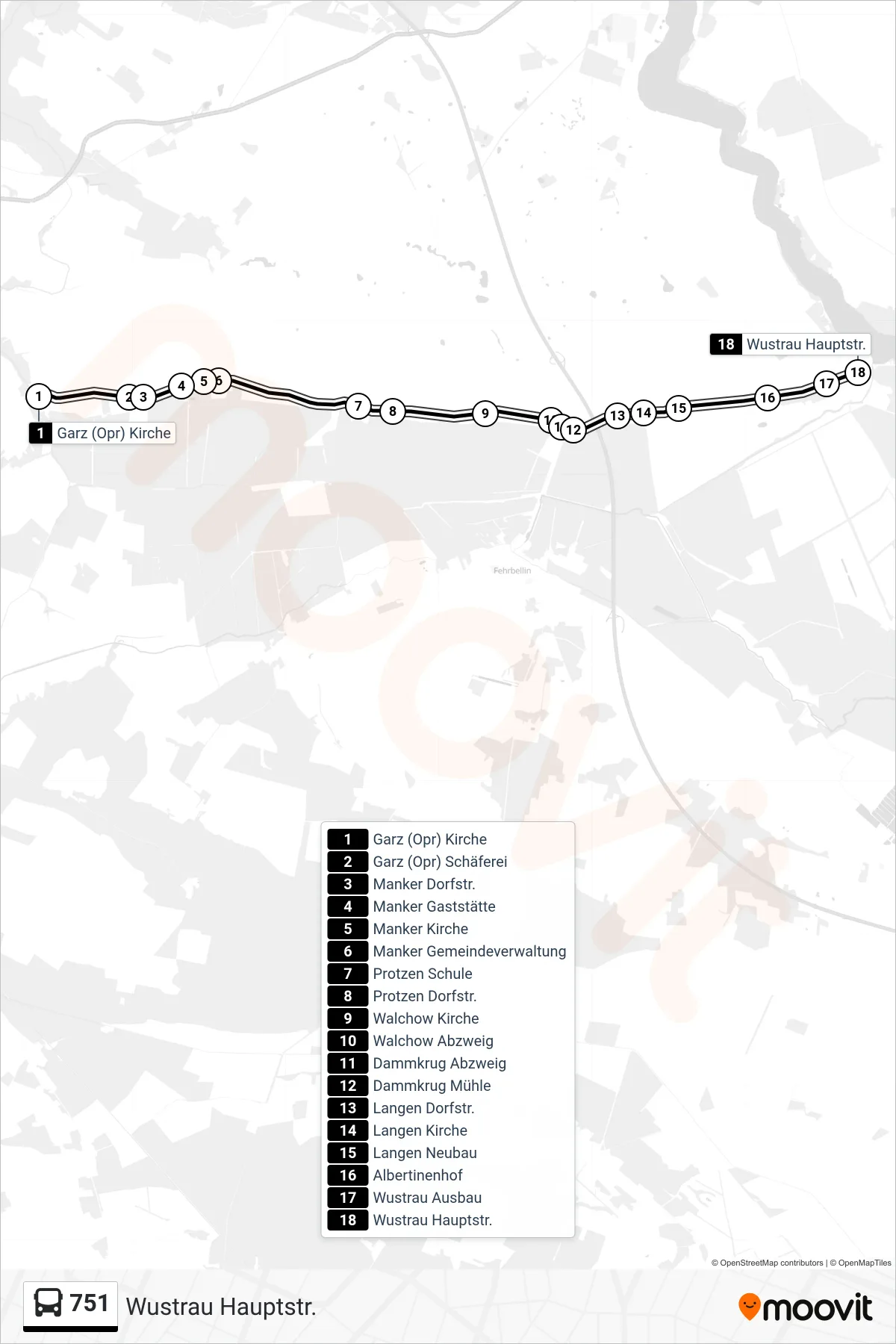 Linie 751 (Bus) Richtung Wustrau Hauptstr.: Route und Haltestellen auf der Karte
