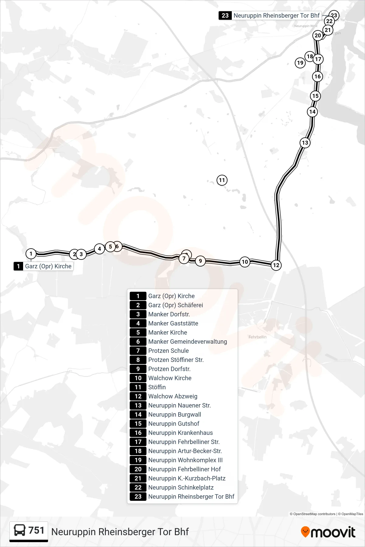 751 bus Line (Neuruppin Rheinsberger Tor Bhf) route and stops on a map