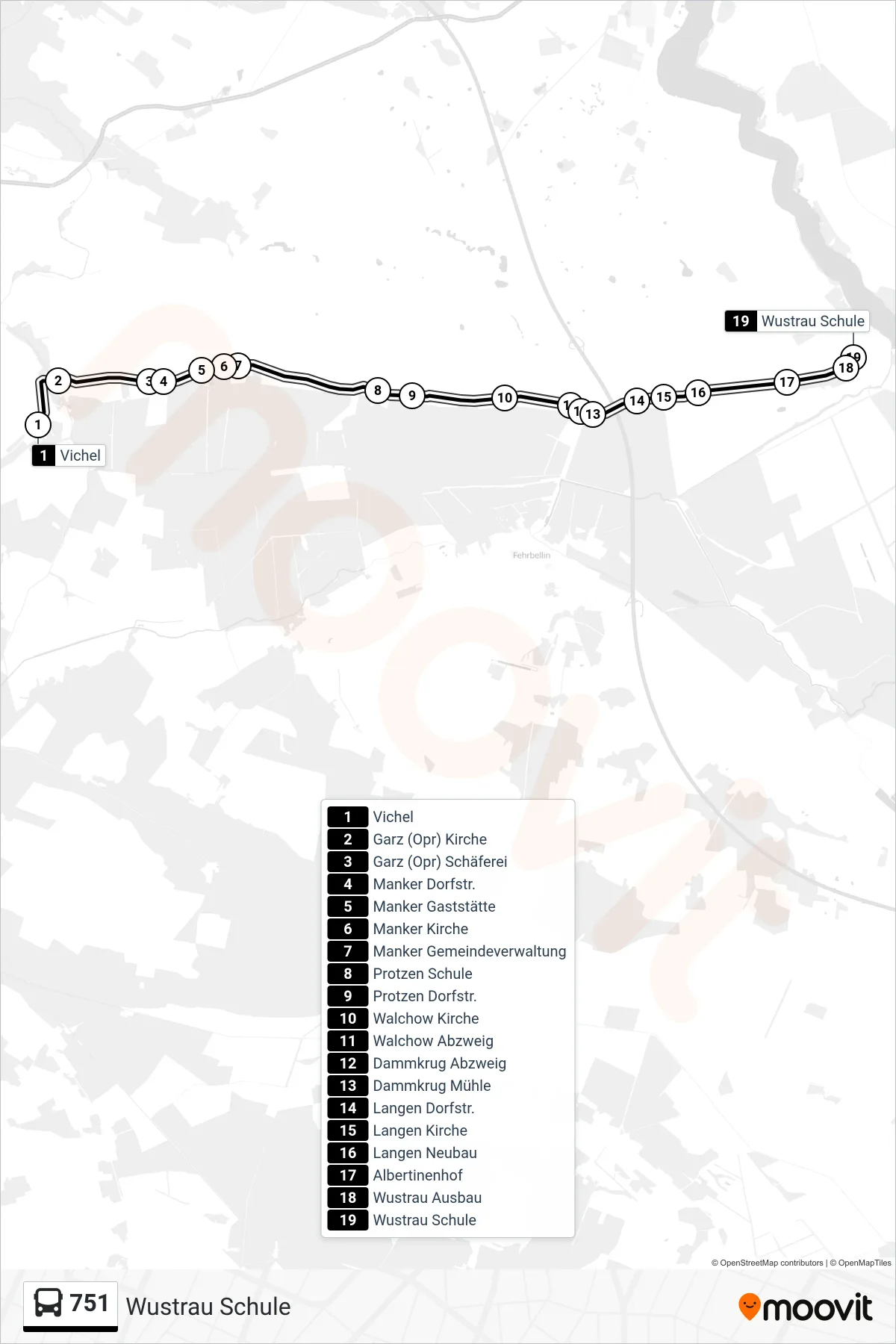 Linie 751 (Bus) Richtung Wustrau Schule: Route und Haltestellen auf der Karte