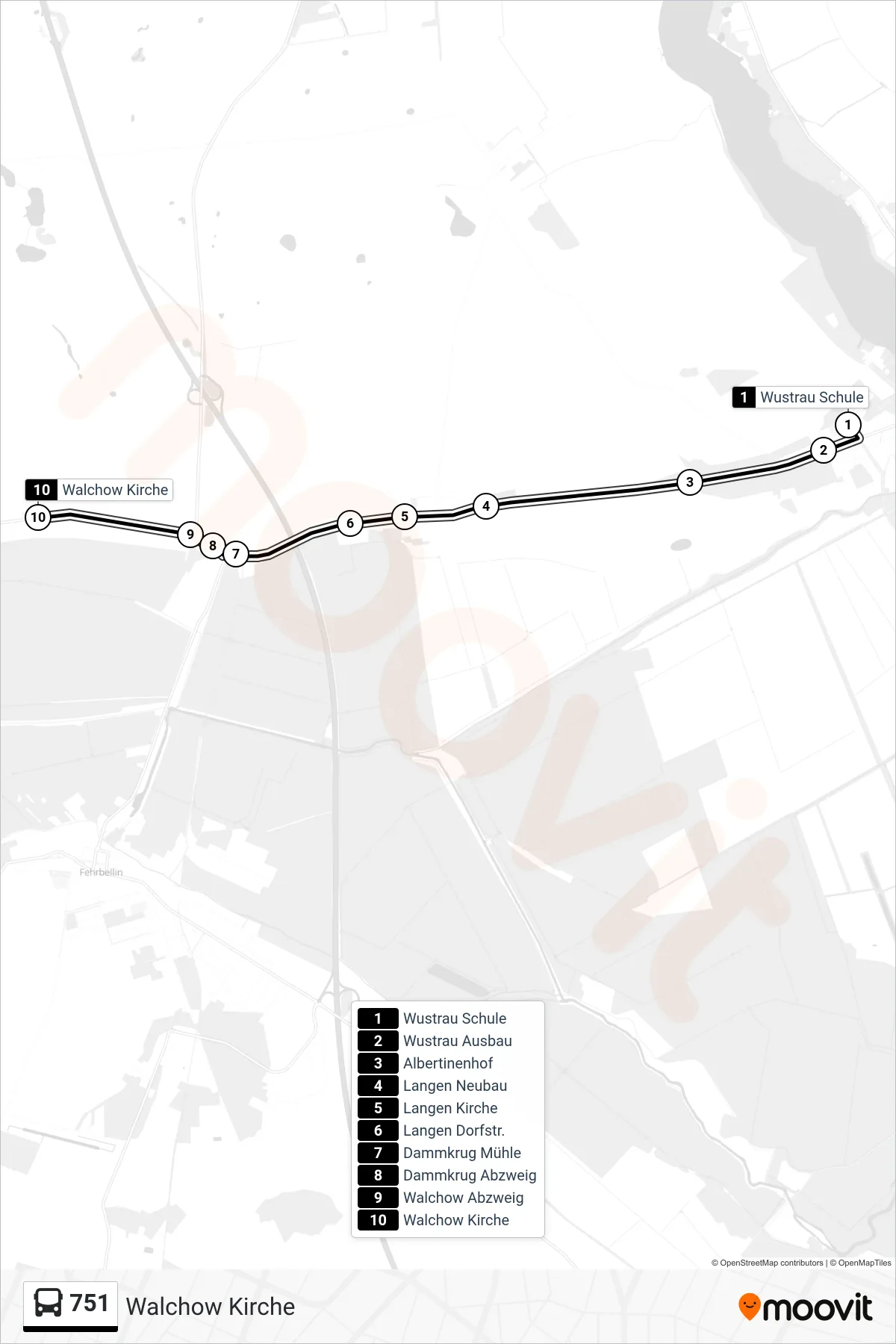 Linie 751 (Bus) Richtung Walchow Kirche: Route und Haltestellen auf der Karte