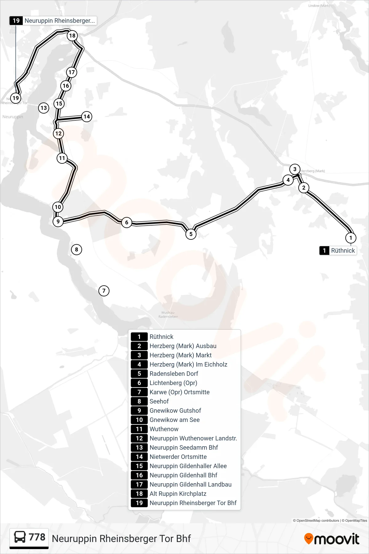 Linie 778 (Bus) Richtung Neuruppin Rheinsberger Tor Bhf: Route und Haltestellen auf der Karte