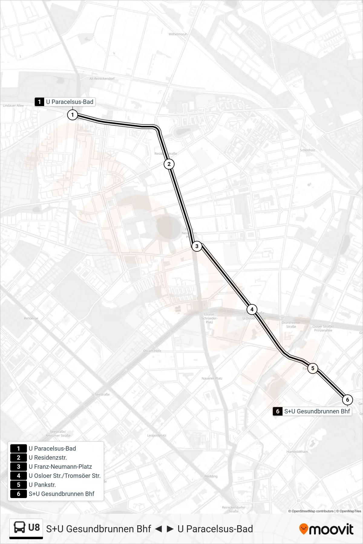 Linie U8 (Bus) Richtung S+U Gesundbrunnen Bhf: Route und Haltestellen auf der Karte