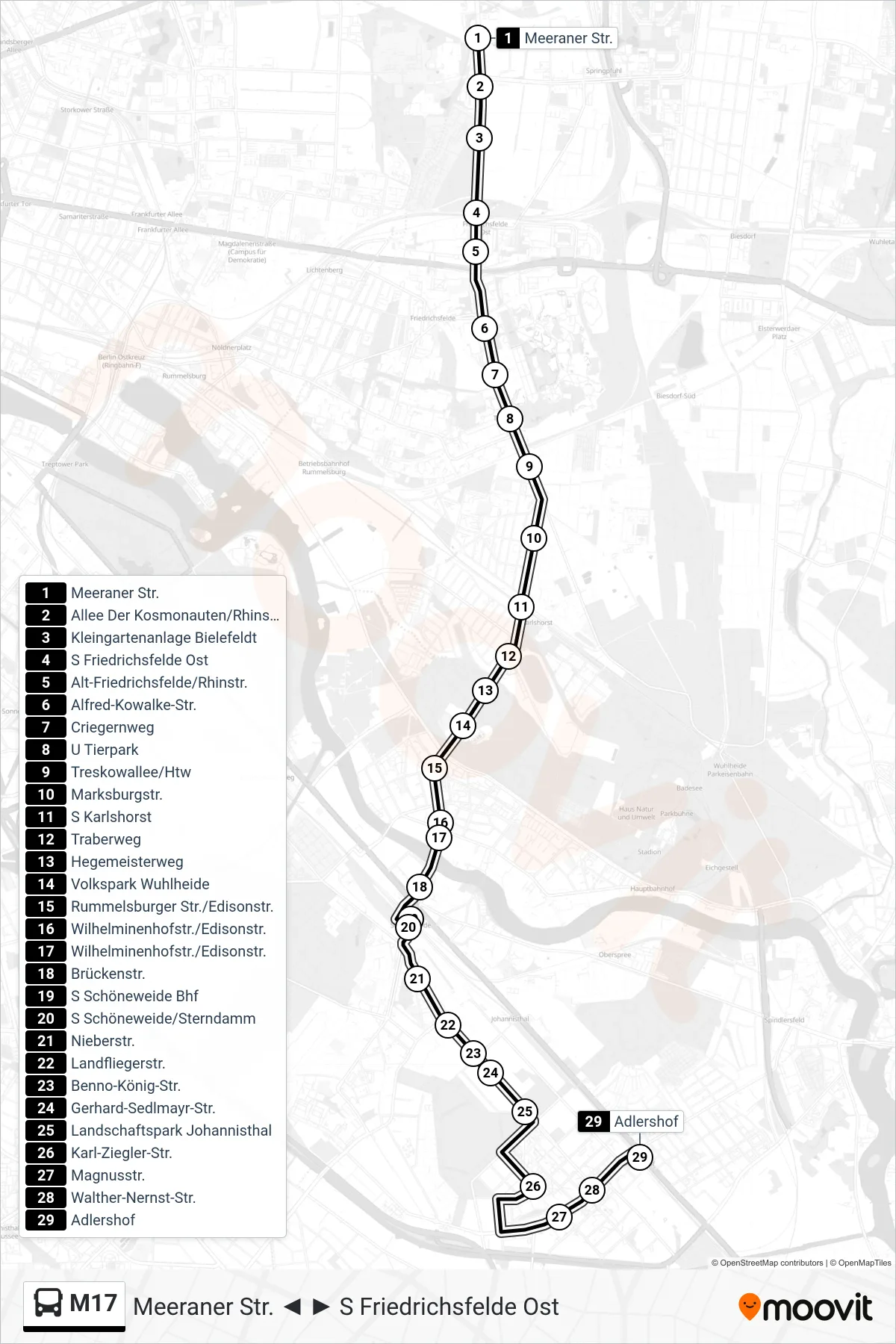 M17 bus Line (S Adlershof) route and stops on a map