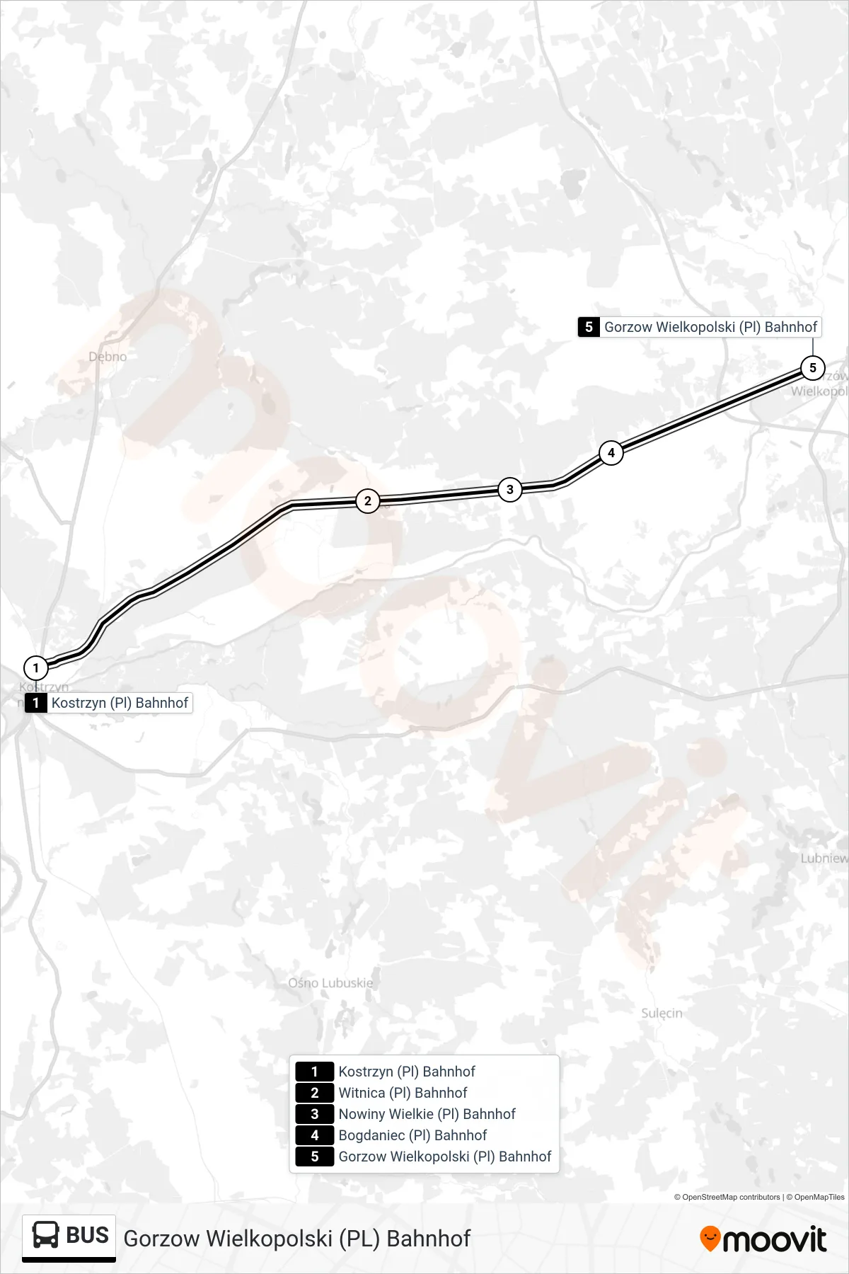 Linie BUS (Bus) Richtung Gorzow Wielkopolski (Pl) Bahnhof: Route und Haltestellen auf der Karte