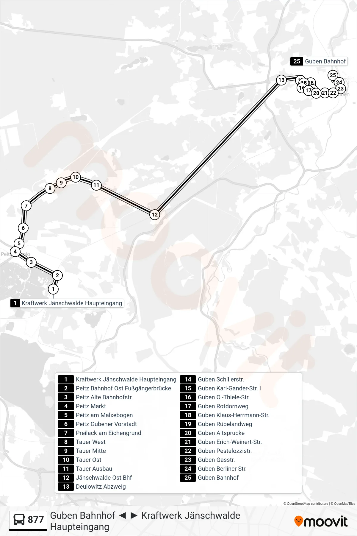 Linie 877 (Bus) Richtung Guben Bahnhof: Route und Haltestellen auf der Karte