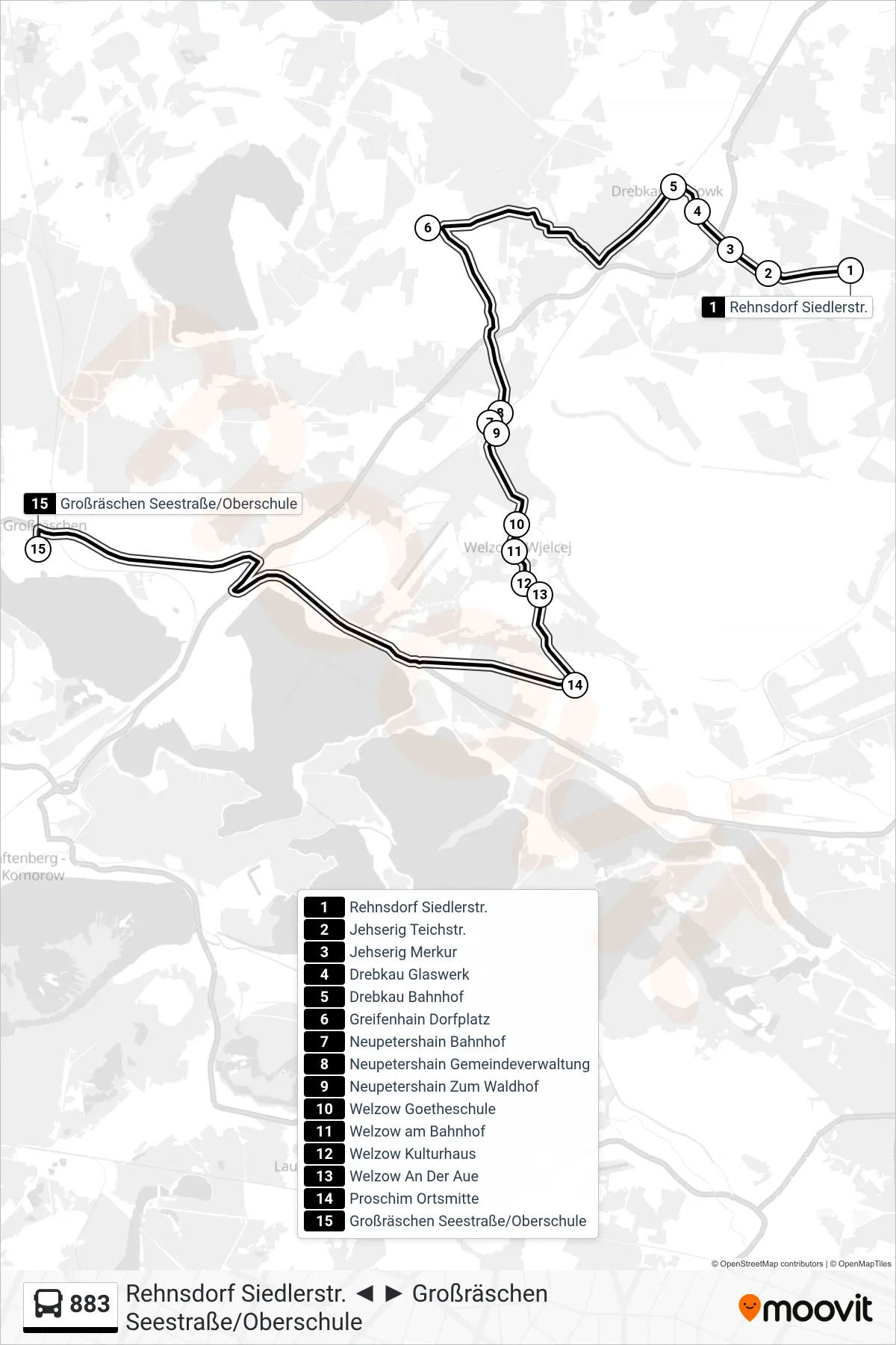 Linie 883 (Bus) Richtung Großräschen Seestraße/Oberschule: Route und Haltestellen auf der Karte