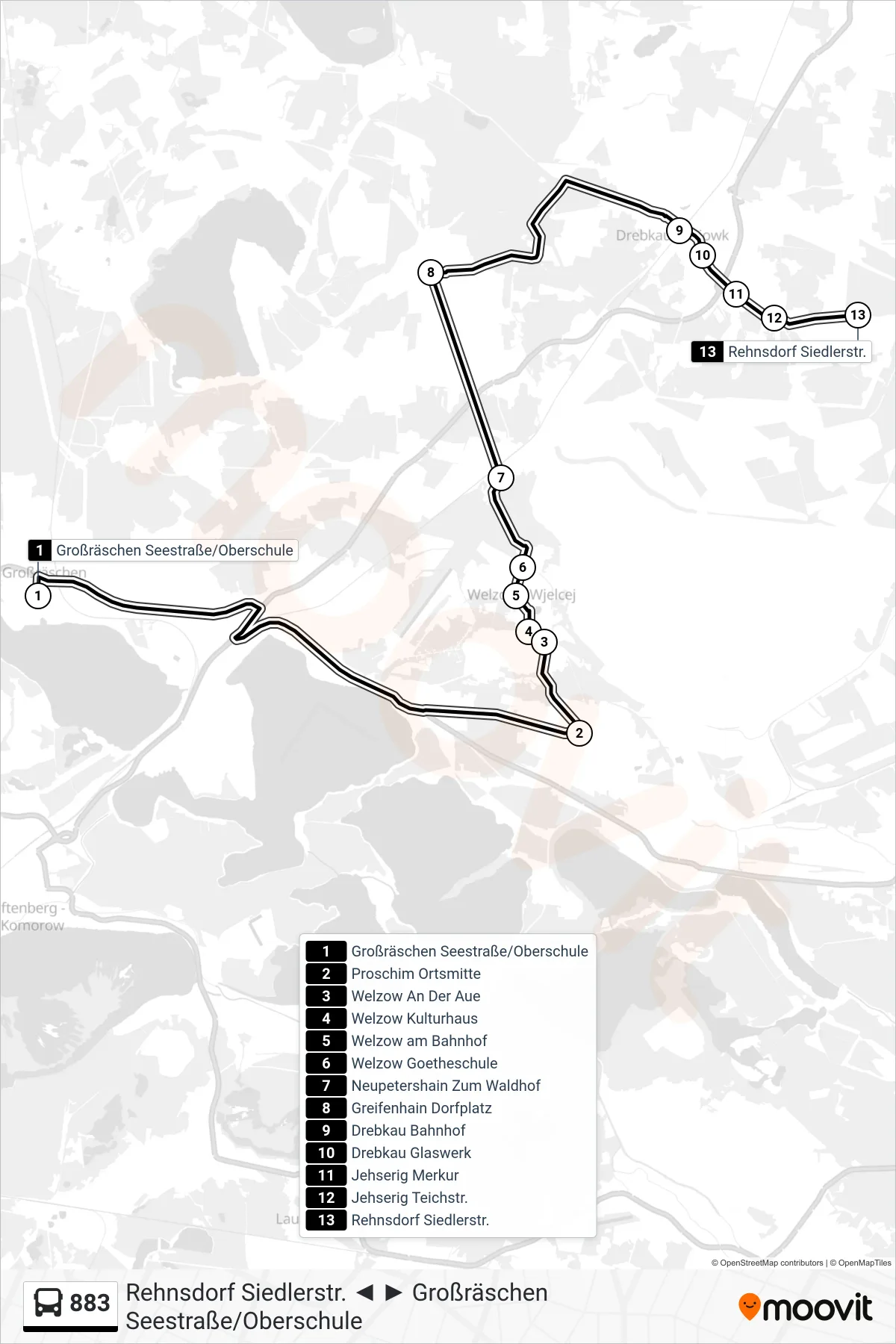 883 bus Line (Rehnsdorf Siedlerstr.) route and stops on a map