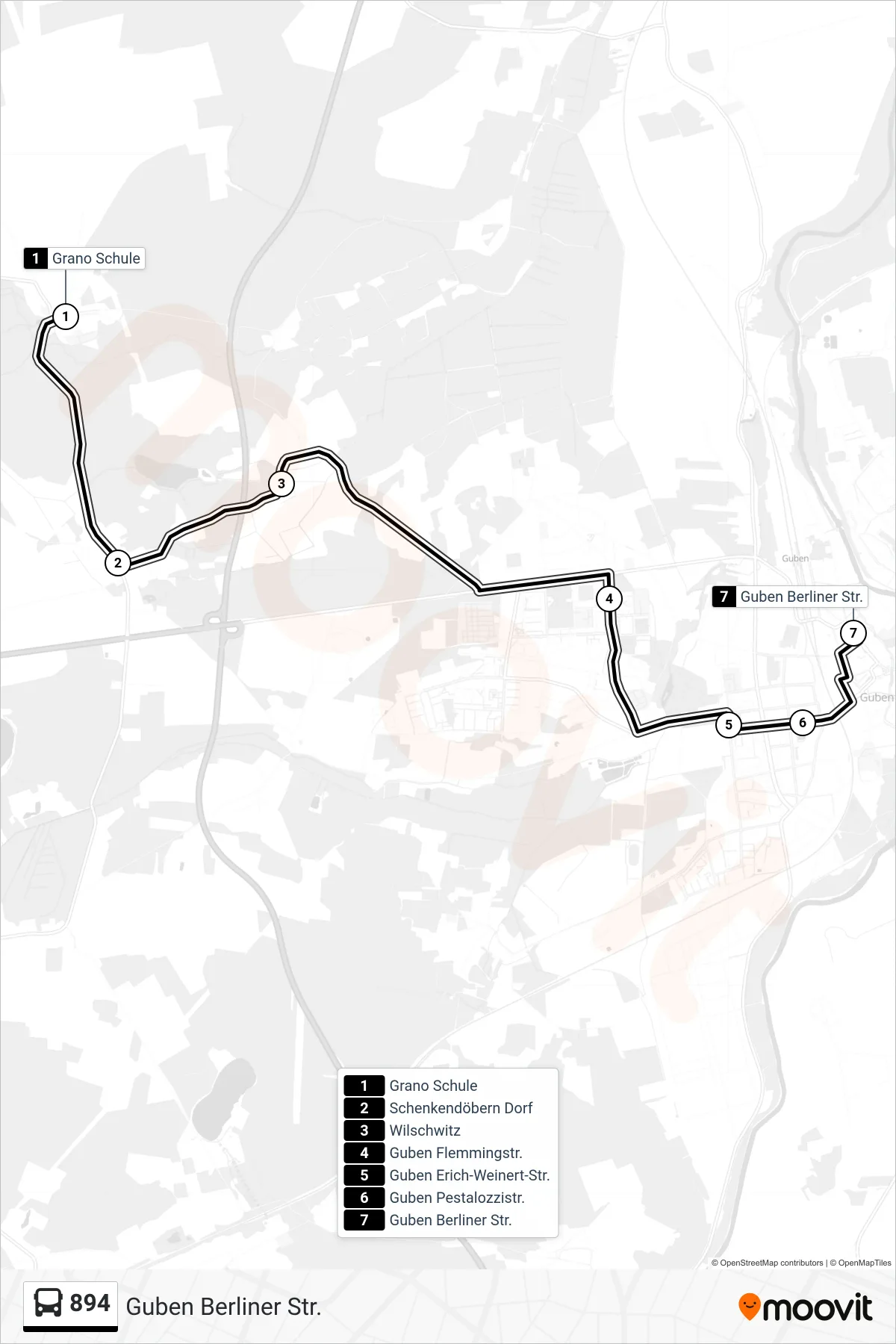 Linie 894 (Bus) Richtung Guben Berliner Str.: Route und Haltestellen auf der Karte