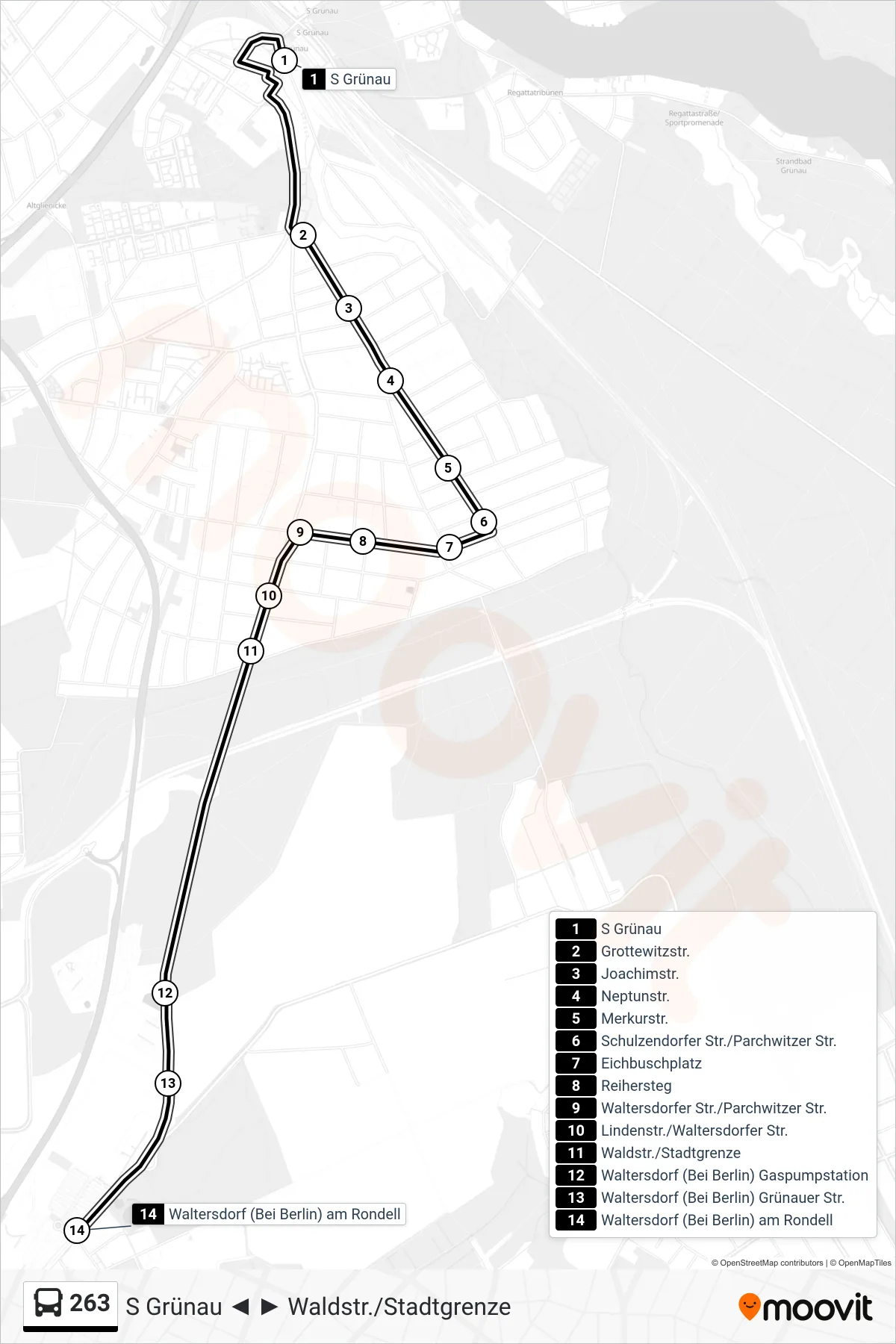 Linie 263 (Bus) Richtung Waltersdorf (Bei Berlin) am Rondell: Route und Haltestellen auf der Karte
