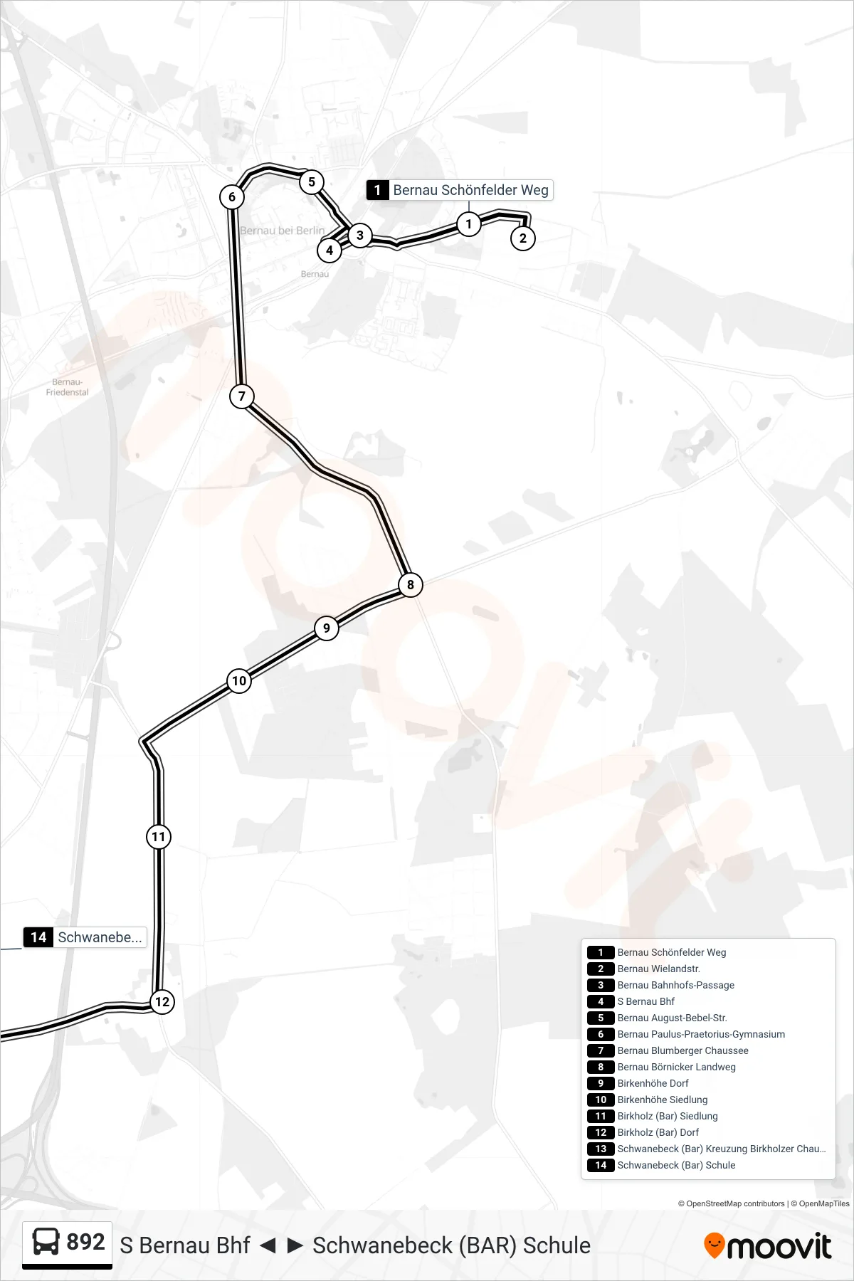 892 bus Line (Schwanebeck (Bar) Schule) route and stops on a map