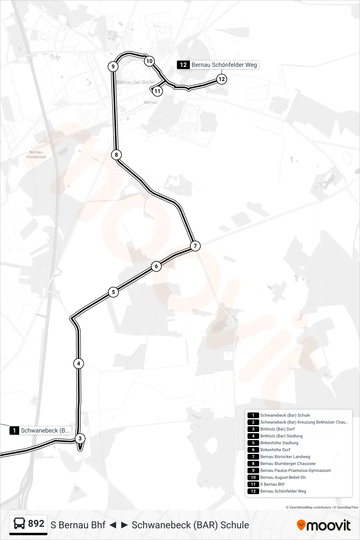 Linie 892 (Bus) Richtung Bernau Schönfelder Weg: Route und Haltestellen auf der Karte