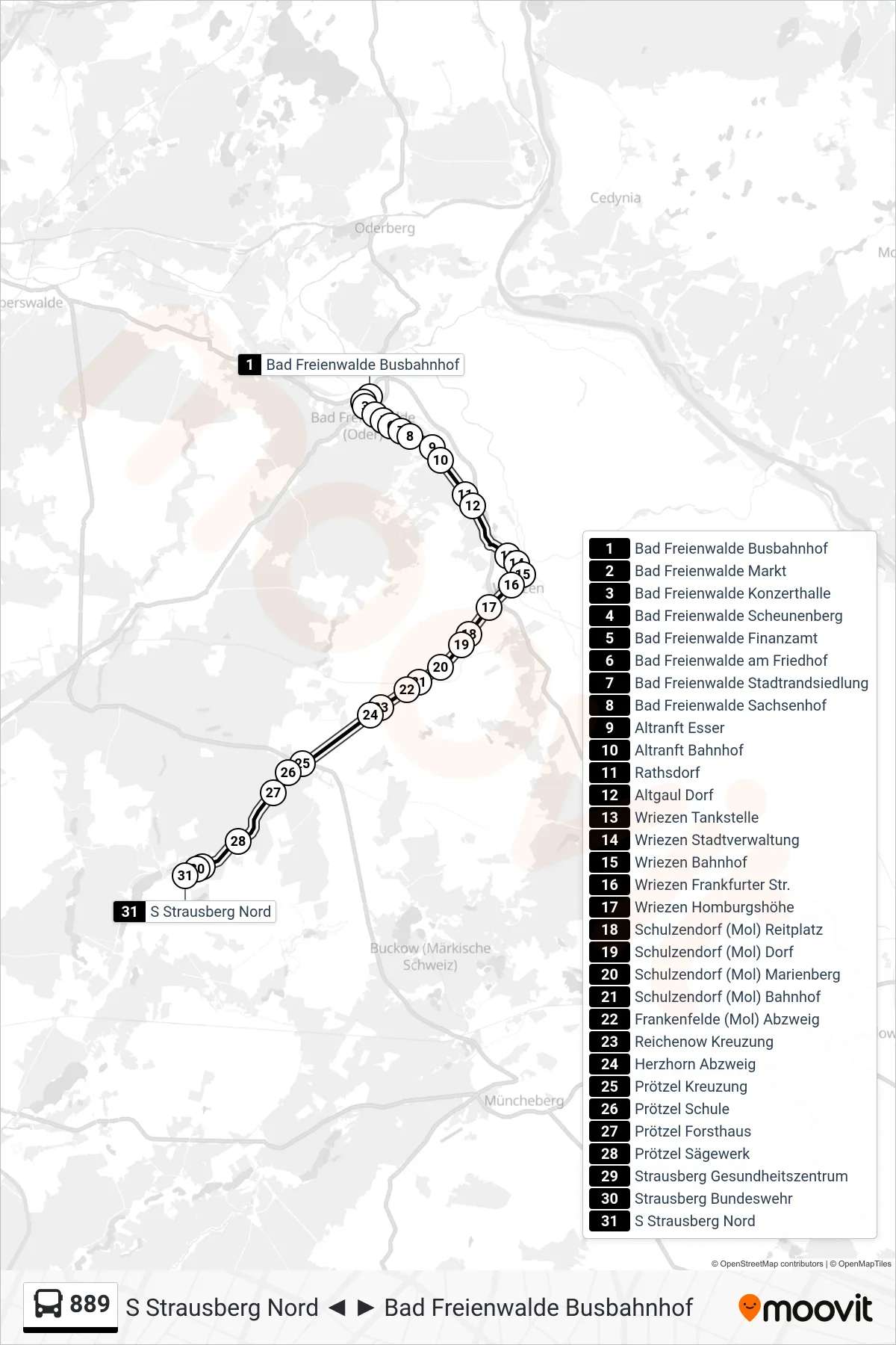 Linie 889 (Bus) Richtung S Strausberg Nord: Route und Haltestellen auf der Karte