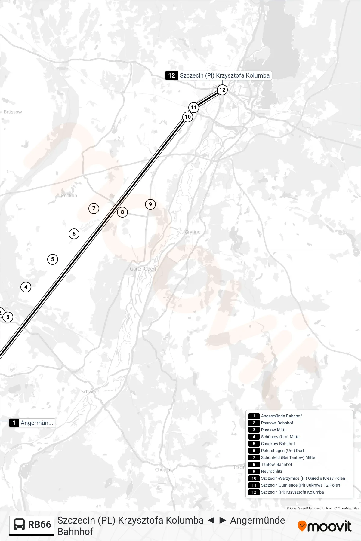 Linie RB66 (Bus) Richtung Szczecin (Pl) Krzysztofa Kolumba: Route und Haltestellen auf der Karte