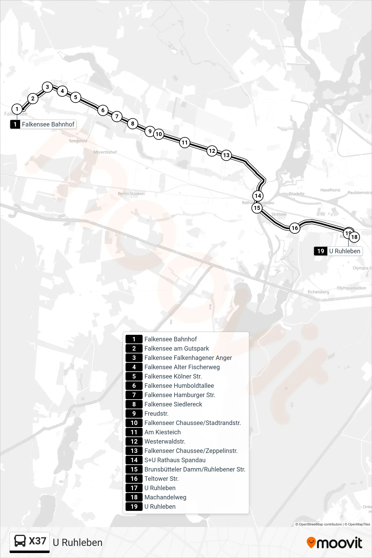 Linie X37 (Bus) Richtung U Ruhleben: Route und Haltestellen auf der Karte