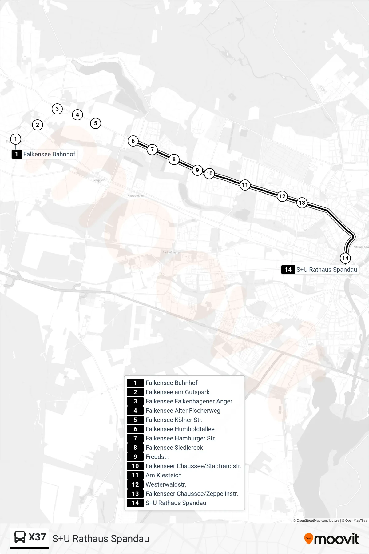 Linie X37 (Bus) Richtung S+U Rathaus Spandau: Route und Haltestellen auf der Karte