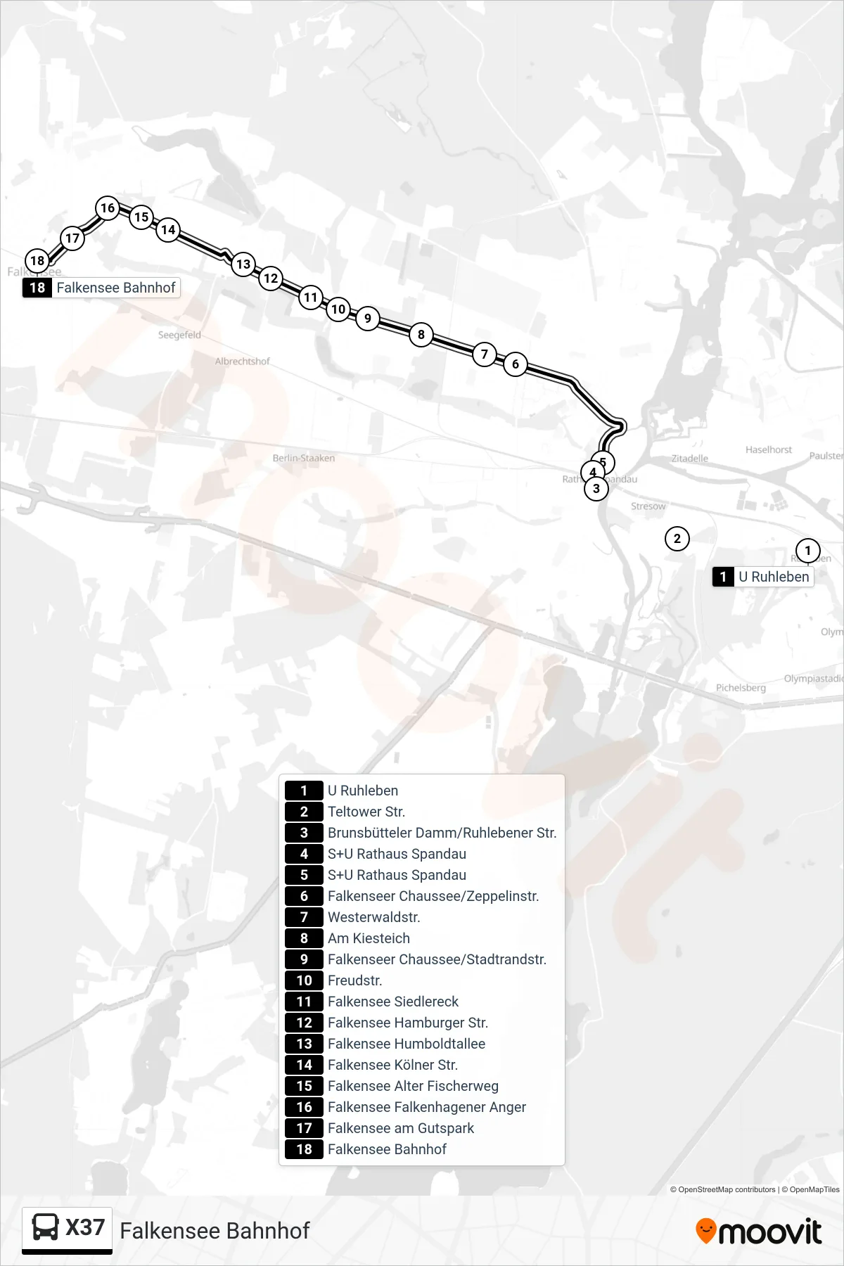 X37 bus Line (Falkensee Bahnhof) route and stops on a map