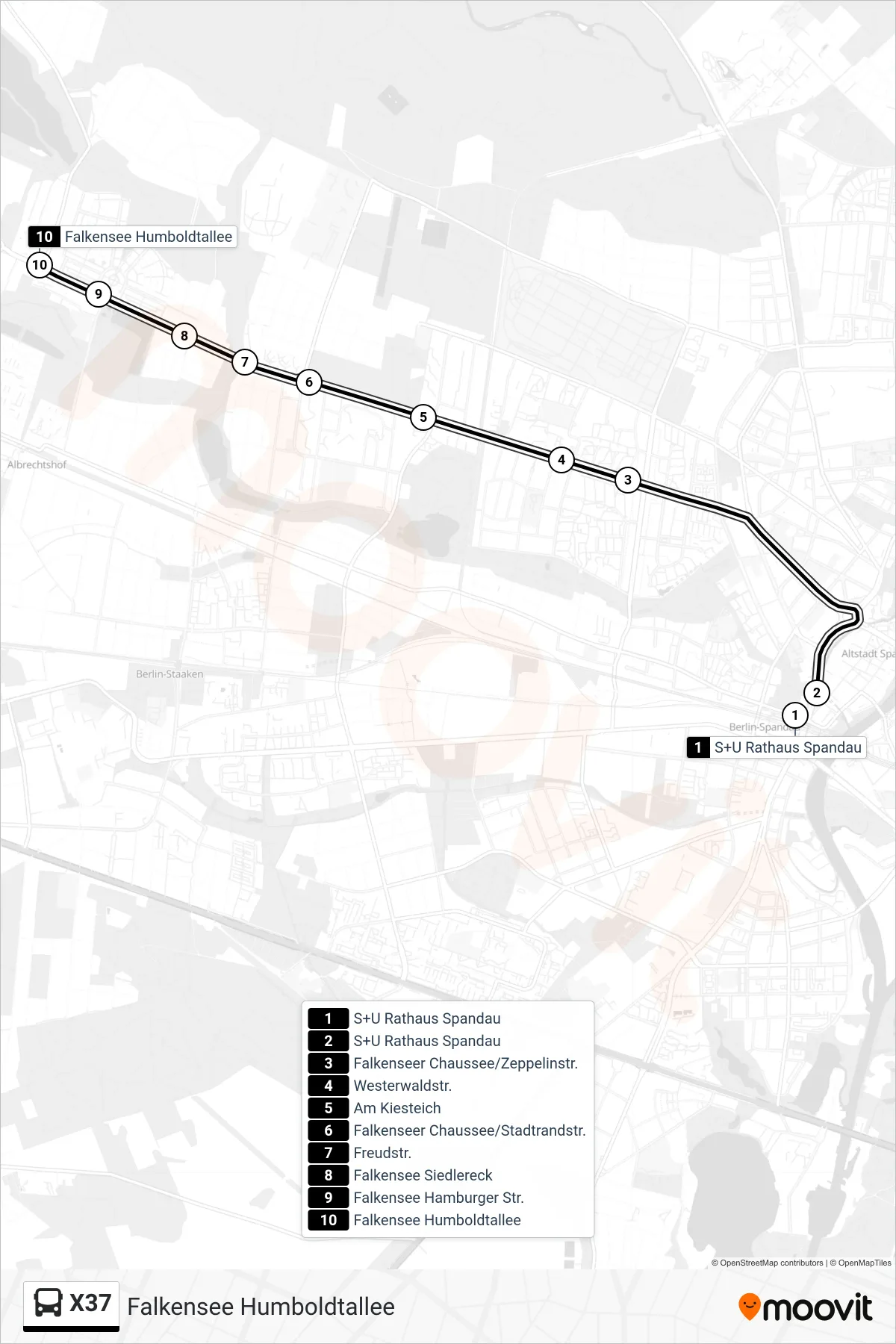 Linie X37 (Bus) Richtung Falkensee Humboldtallee: Route und Haltestellen auf der Karte