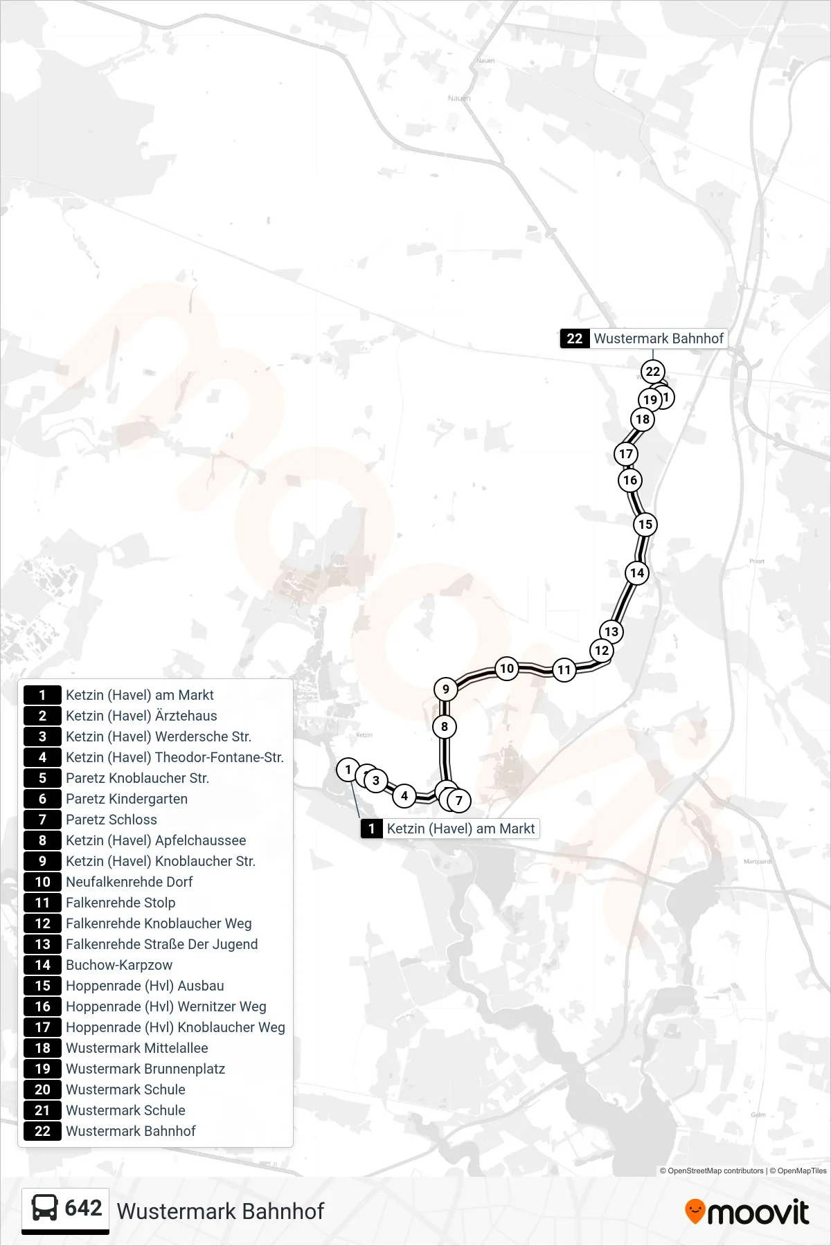 Linie 642 (Bus) Richtung Wustermark Bahnhof: Route und Haltestellen auf der Karte