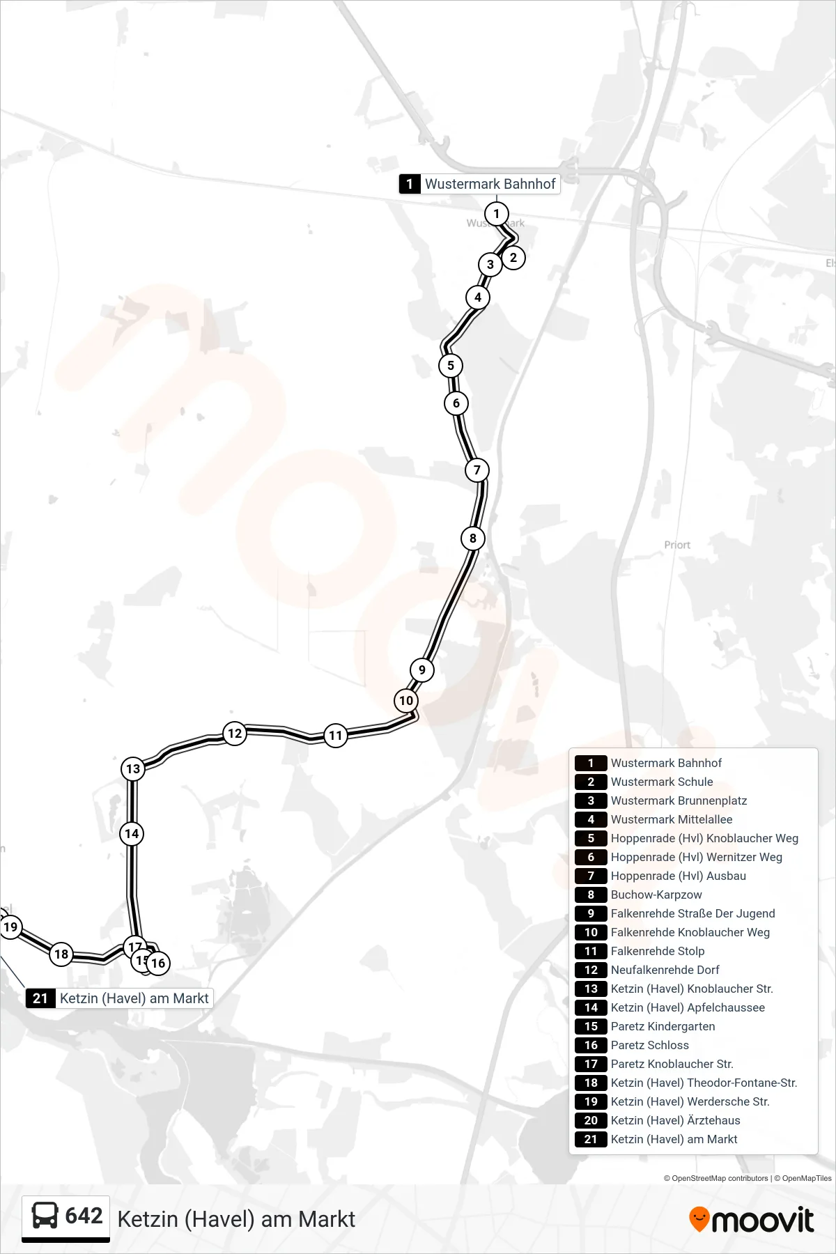 Linie 642 (Bus) Richtung Ketzin (Havel) am Markt: Route und Haltestellen auf der Karte