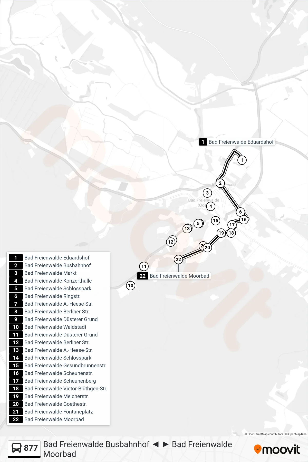 Linie 877 (Bus) Richtung Bad Freienwalde Moorbad: Route und Haltestellen auf der Karte