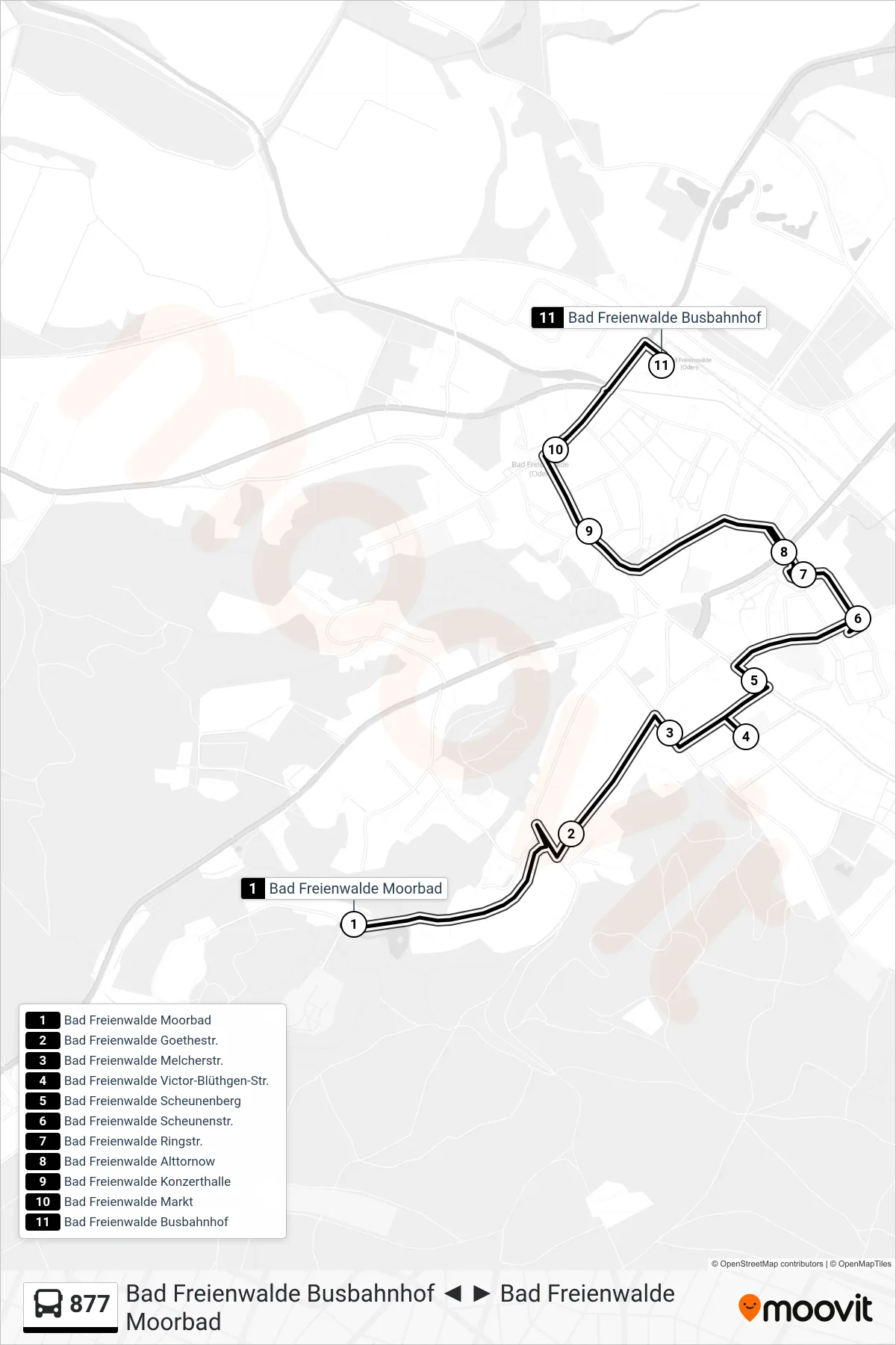 877 bus Line (Bad Freienwalde Busbahnhof) route and stops on a map