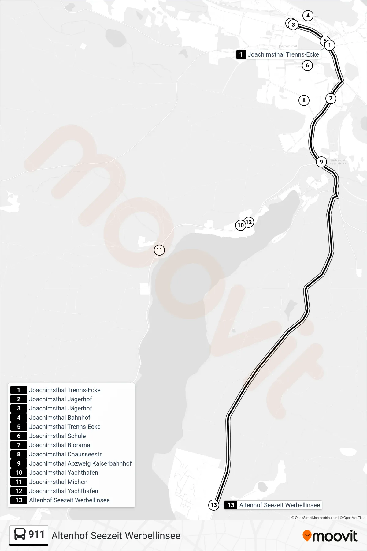 Linie 911 (Bus) Richtung Altenhof Seezeit Werbellinsee: Route und Haltestellen auf der Karte