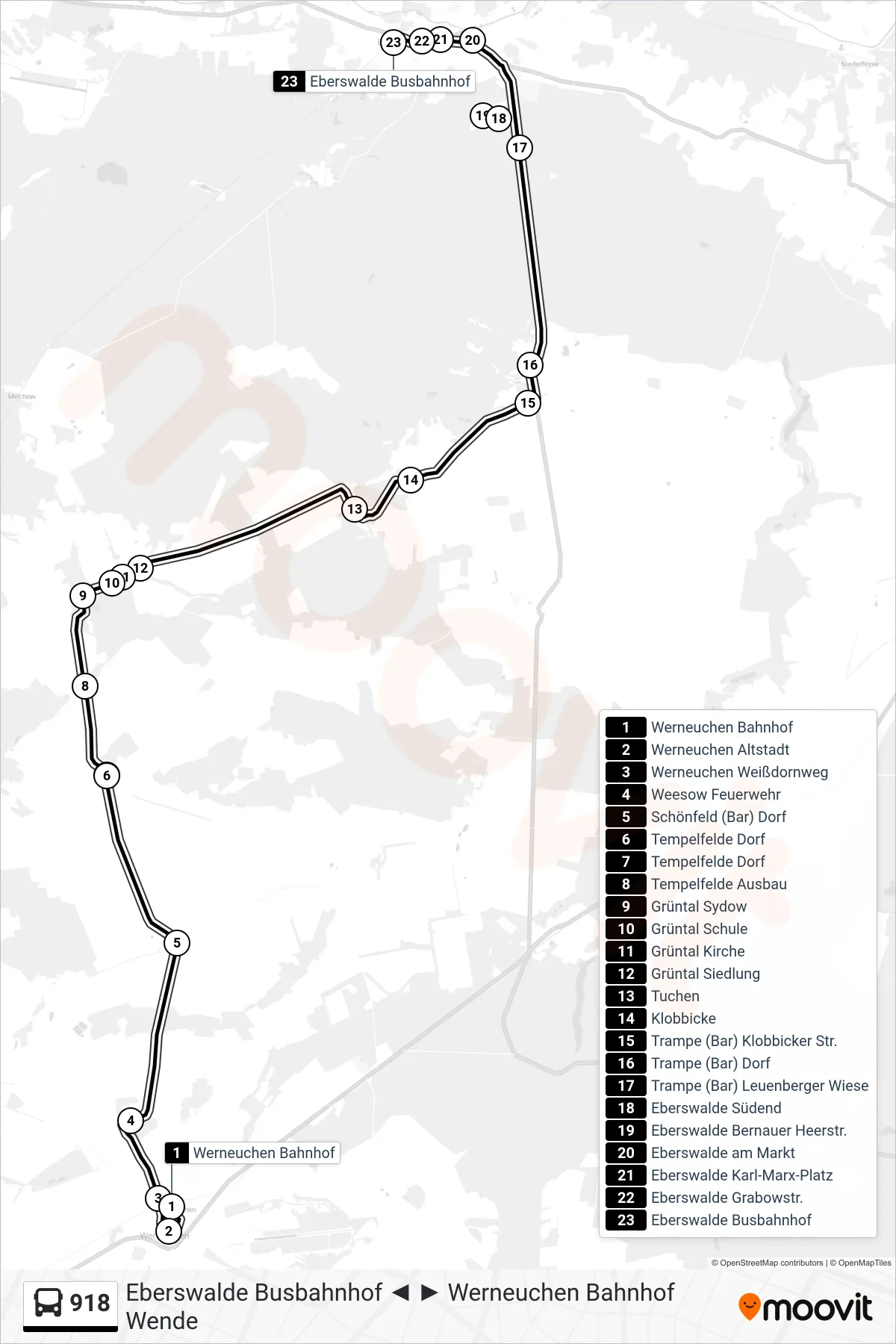 Linie 918 (Bus) Richtung Eberswalde Busbahnhof: Route und Haltestellen auf der Karte