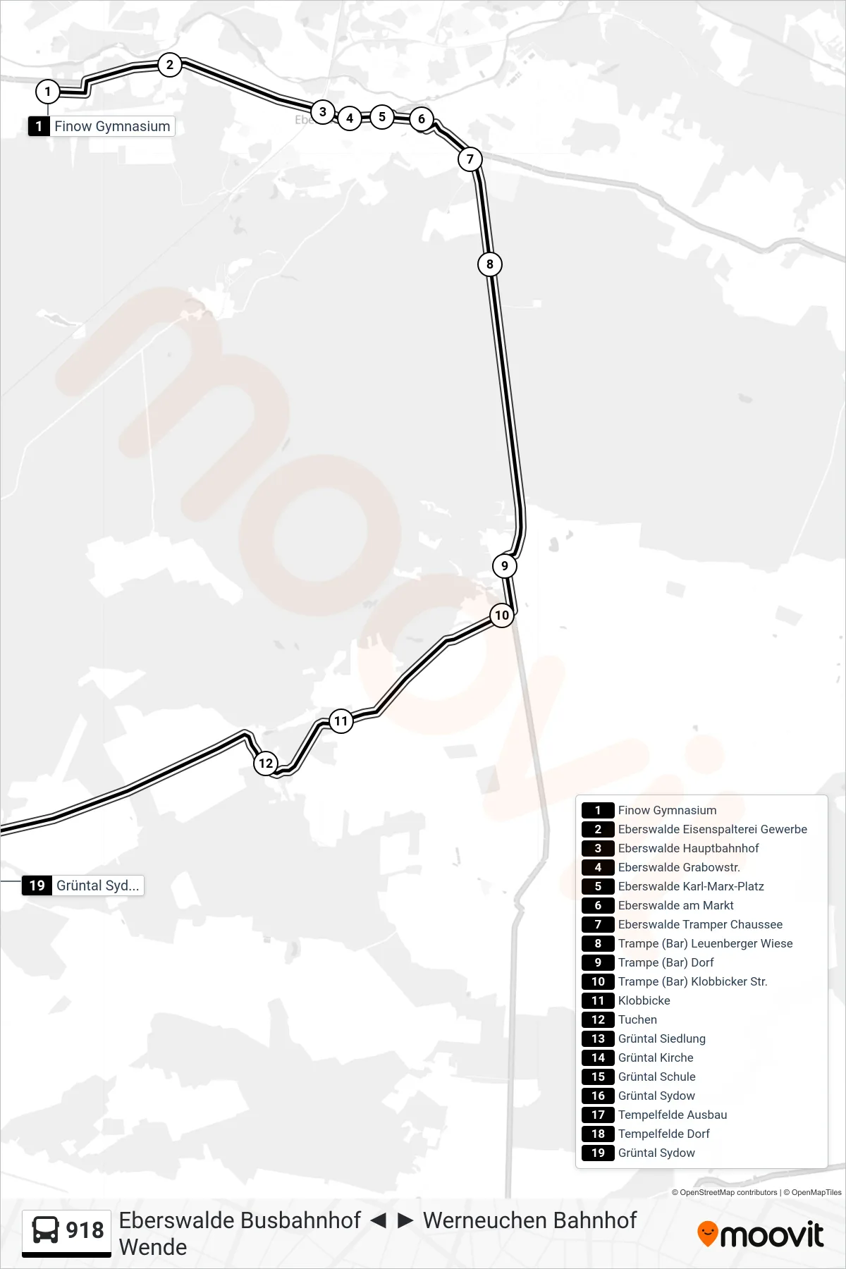 Linie 918 (Bus) Richtung Grüntal Sydow: Route und Haltestellen auf der Karte