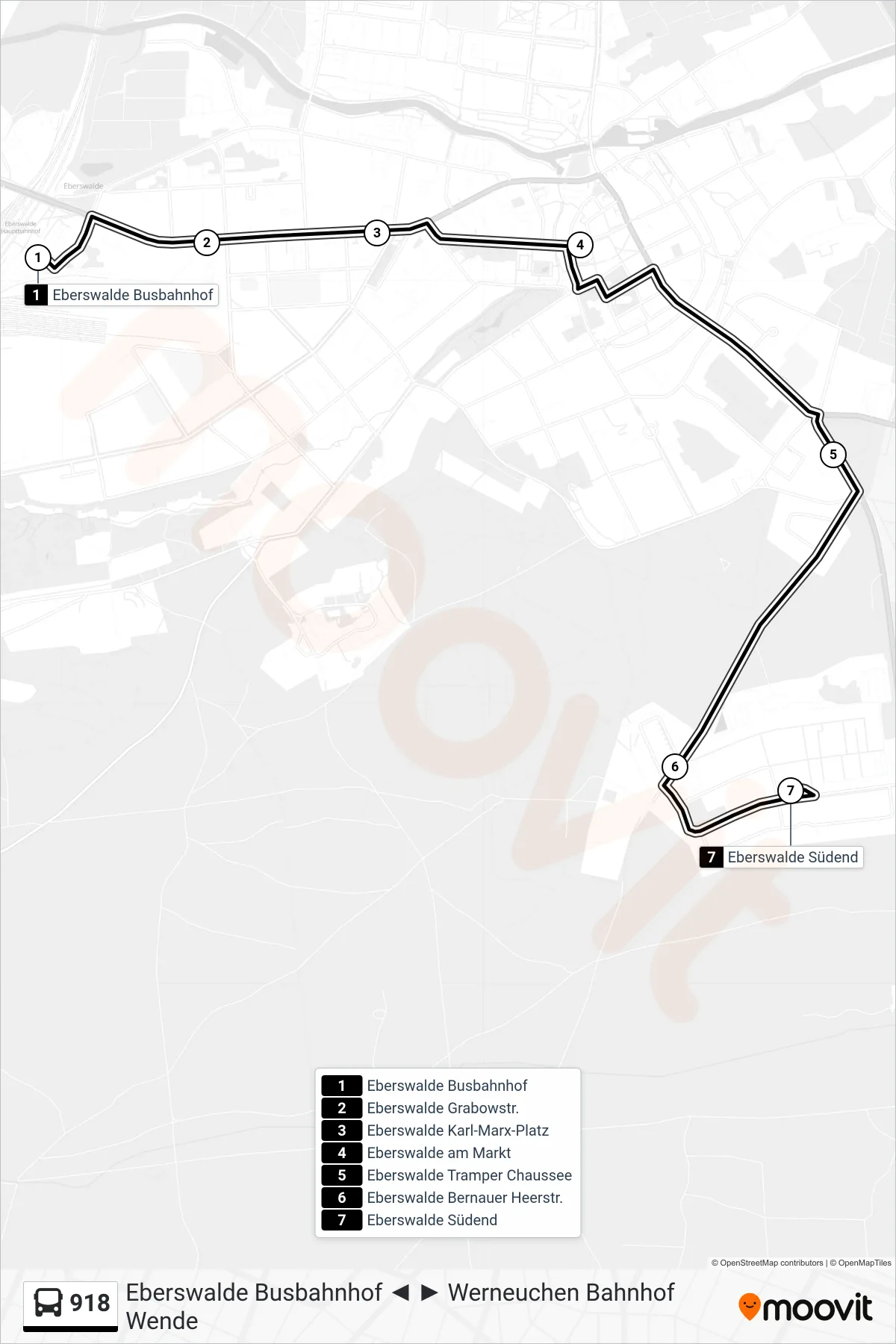 Linie 918 (Bus) Richtung Eberswalde Südend: Route und Haltestellen auf der Karte
