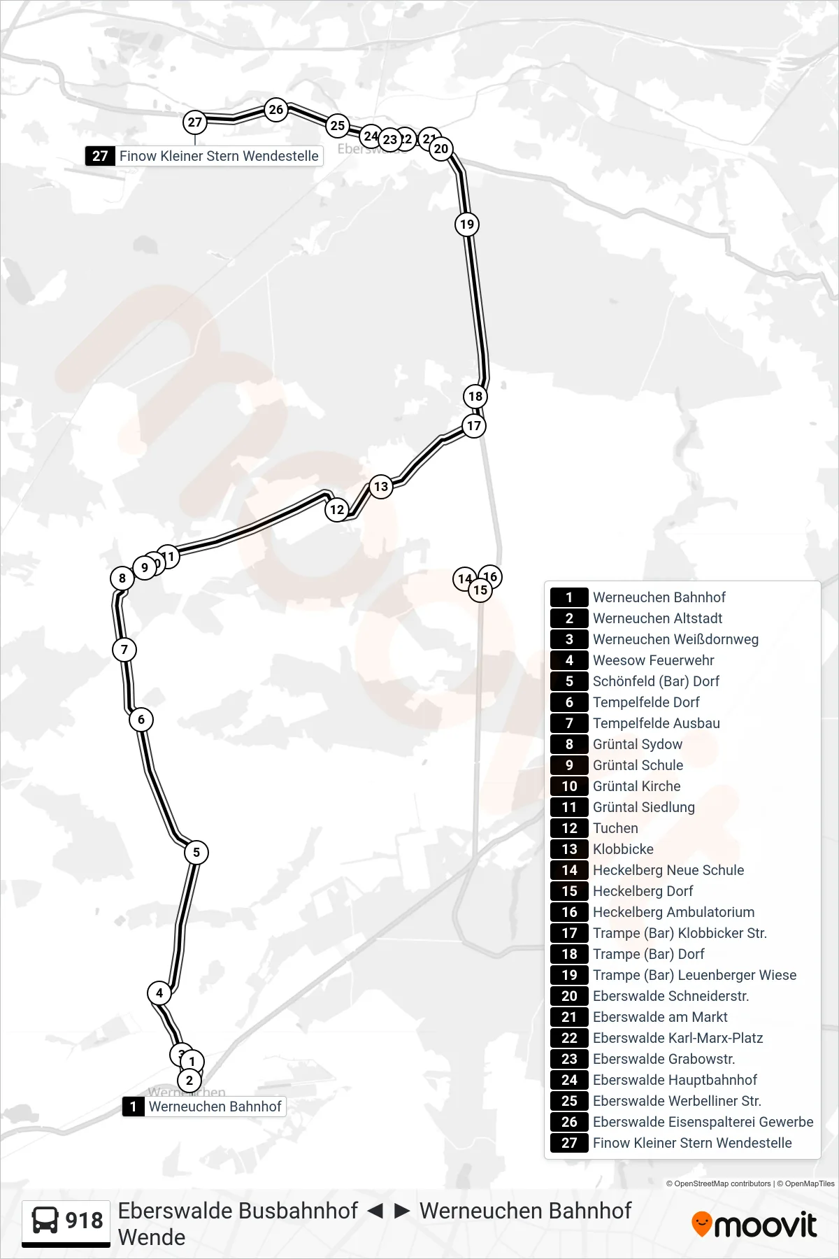 Linie 918 (Bus) Richtung Finow Kleiner Stern Wendestelle: Route und Haltestellen auf der Karte