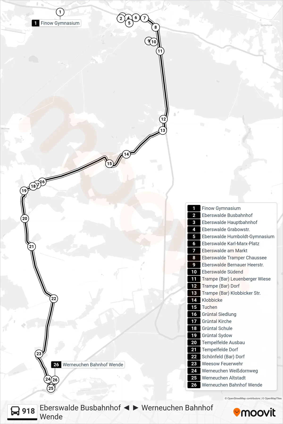 Linie 918 (Bus) Richtung Werneuchen Bahnhof Wende: Route und Haltestellen auf der Karte