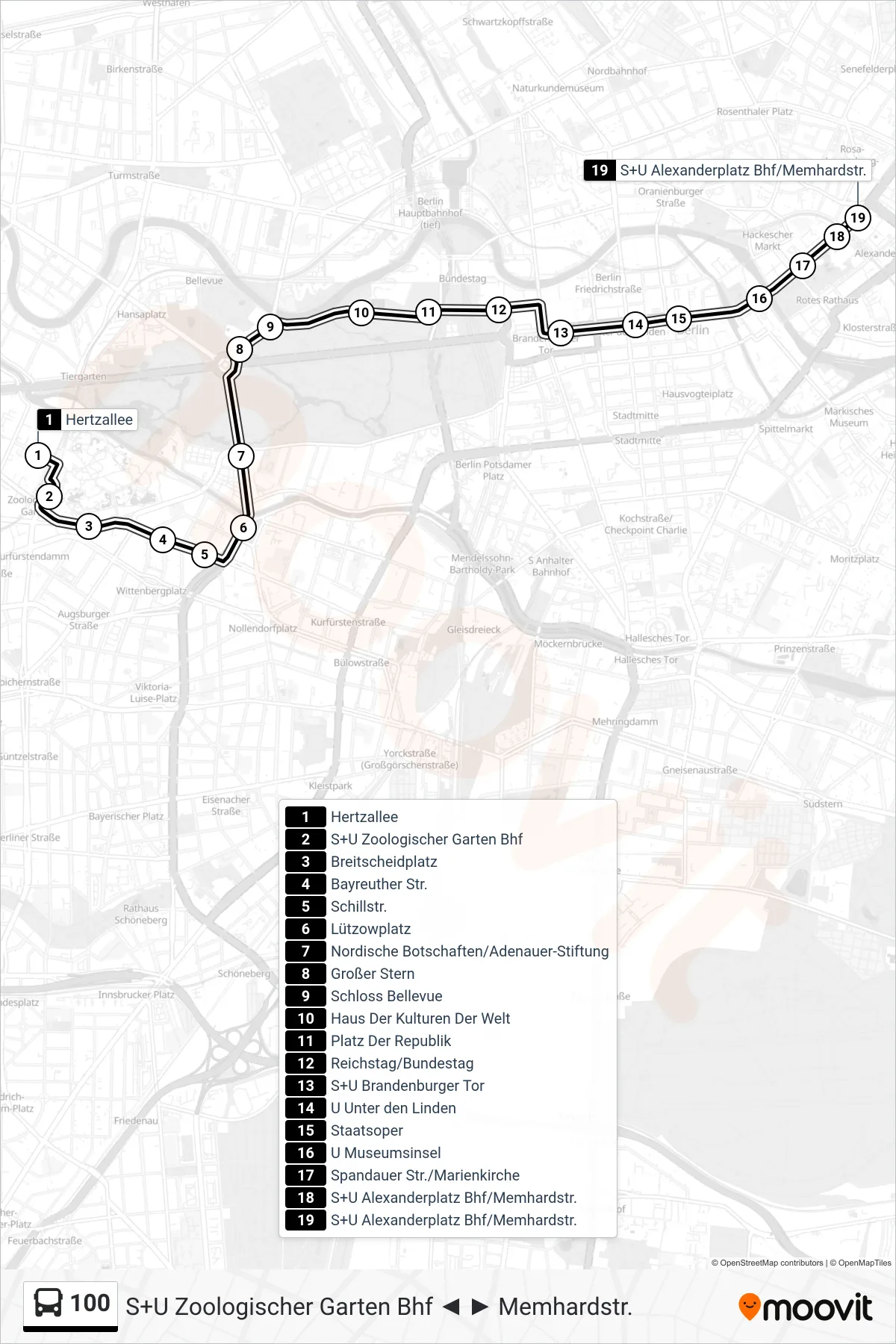 Linie 100 (Bus) Richtung S+U Alexanderplatz Bhf/Memhardstr.: Route und Haltestellen auf der Karte