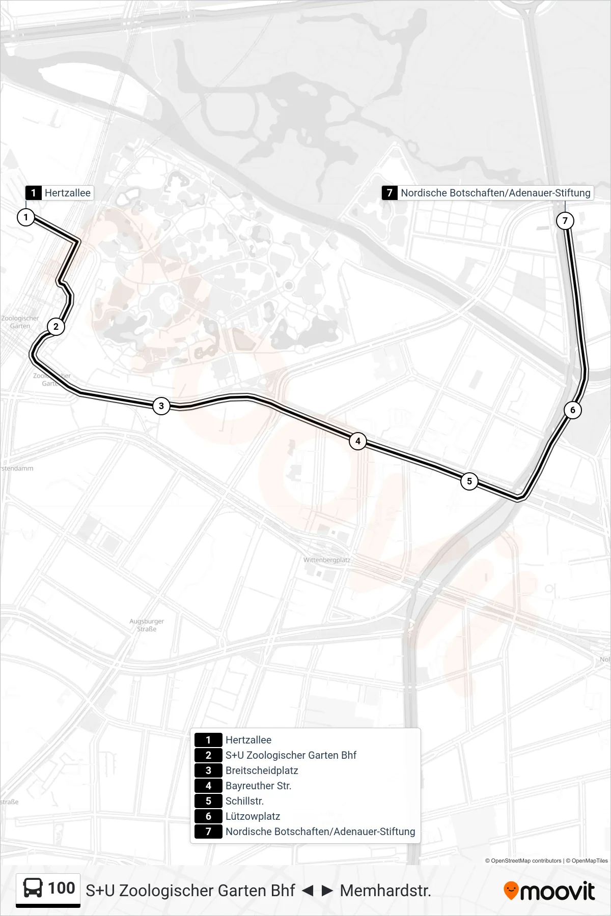 Linie 100 (Bus) Richtung Nordische Botschaften/Adenauer-Stiftung: Route und Haltestellen auf der Karte