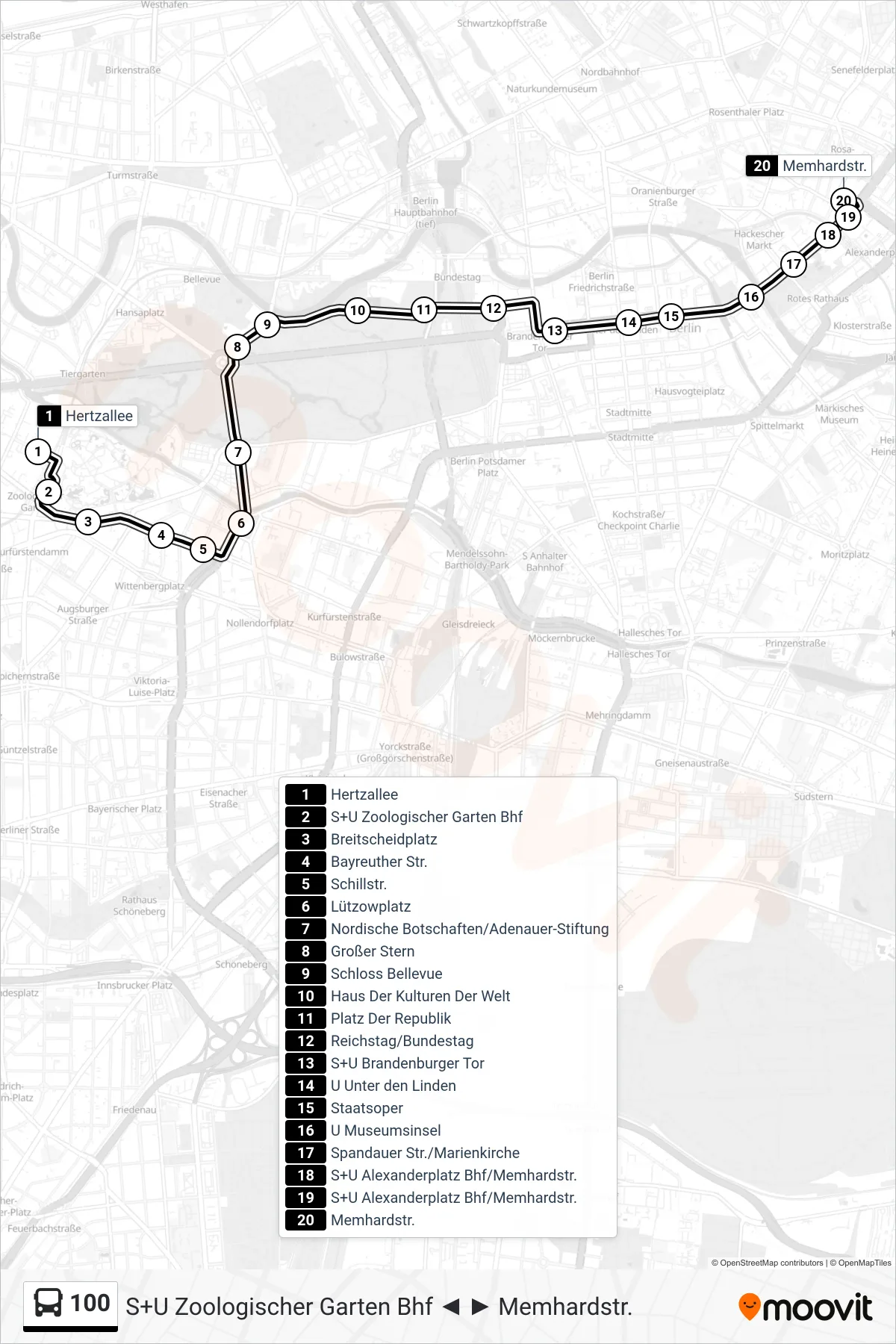 100 bus Line (Memhardstr.) route and stops on a map
