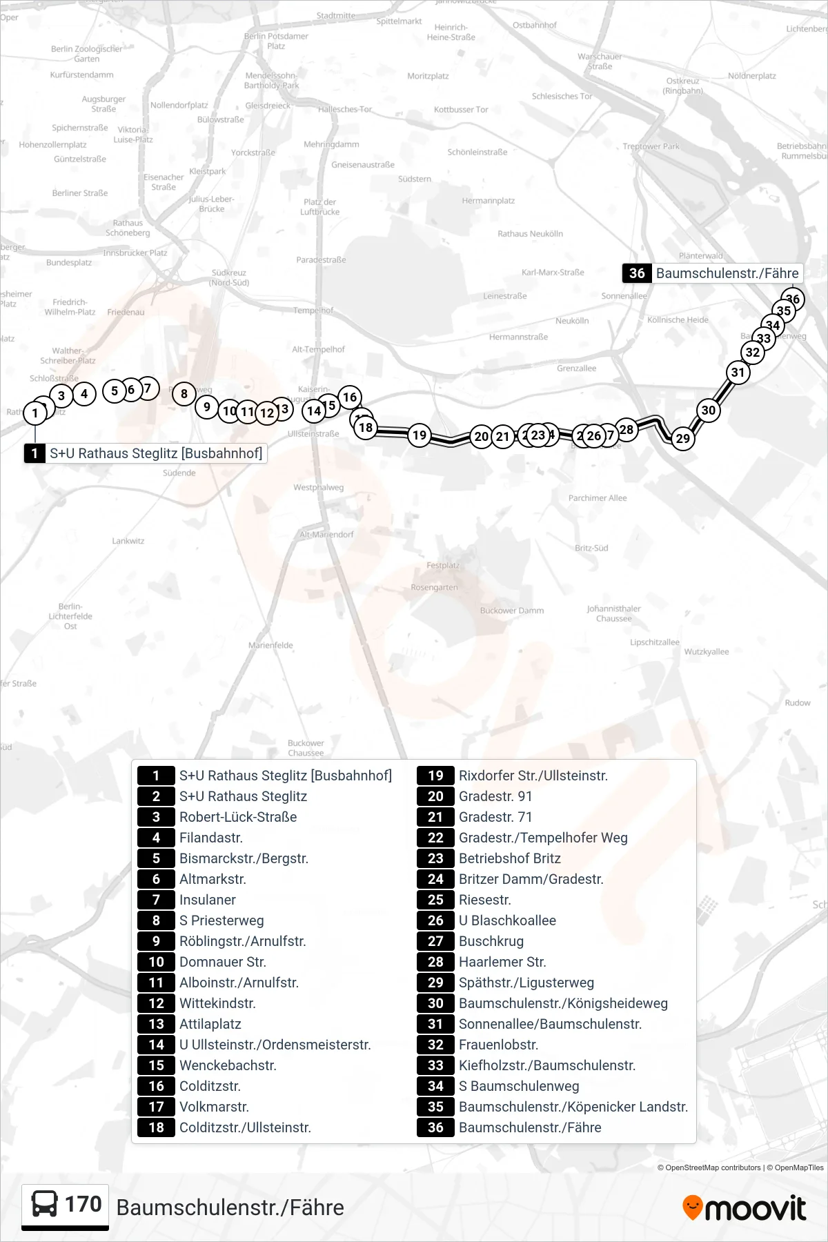 Linie 170 (Bus) Richtung Baumschulenstr./Fähre: Route und Haltestellen auf der Karte