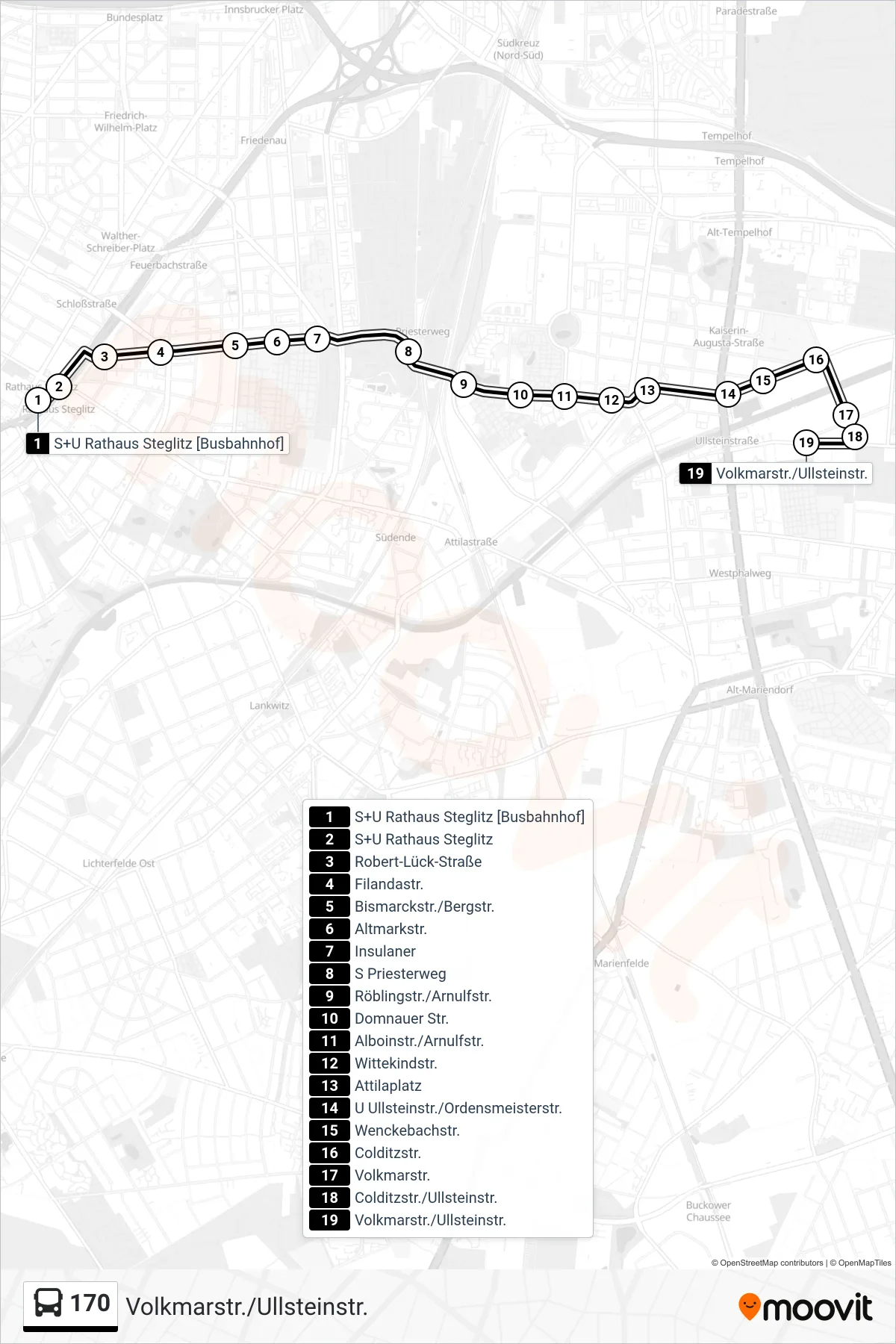 Linie 170 (Bus) Richtung Volkmarstr./Ullsteinstr.: Route und Haltestellen auf der Karte