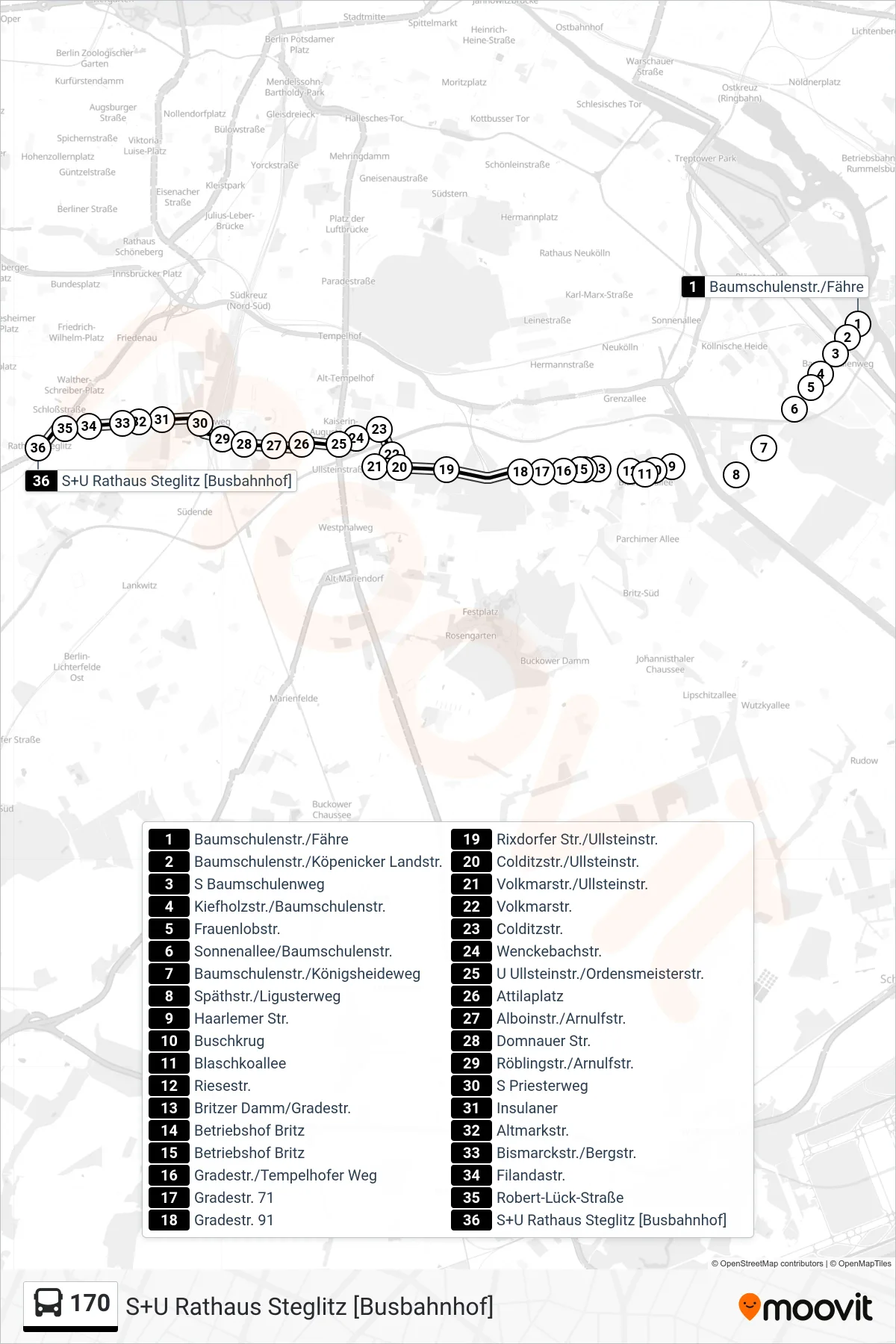 Linie 170 (Bus) Richtung S+U Rathaus Steglitz [Busbahnhof]: Route und Haltestellen auf der Karte